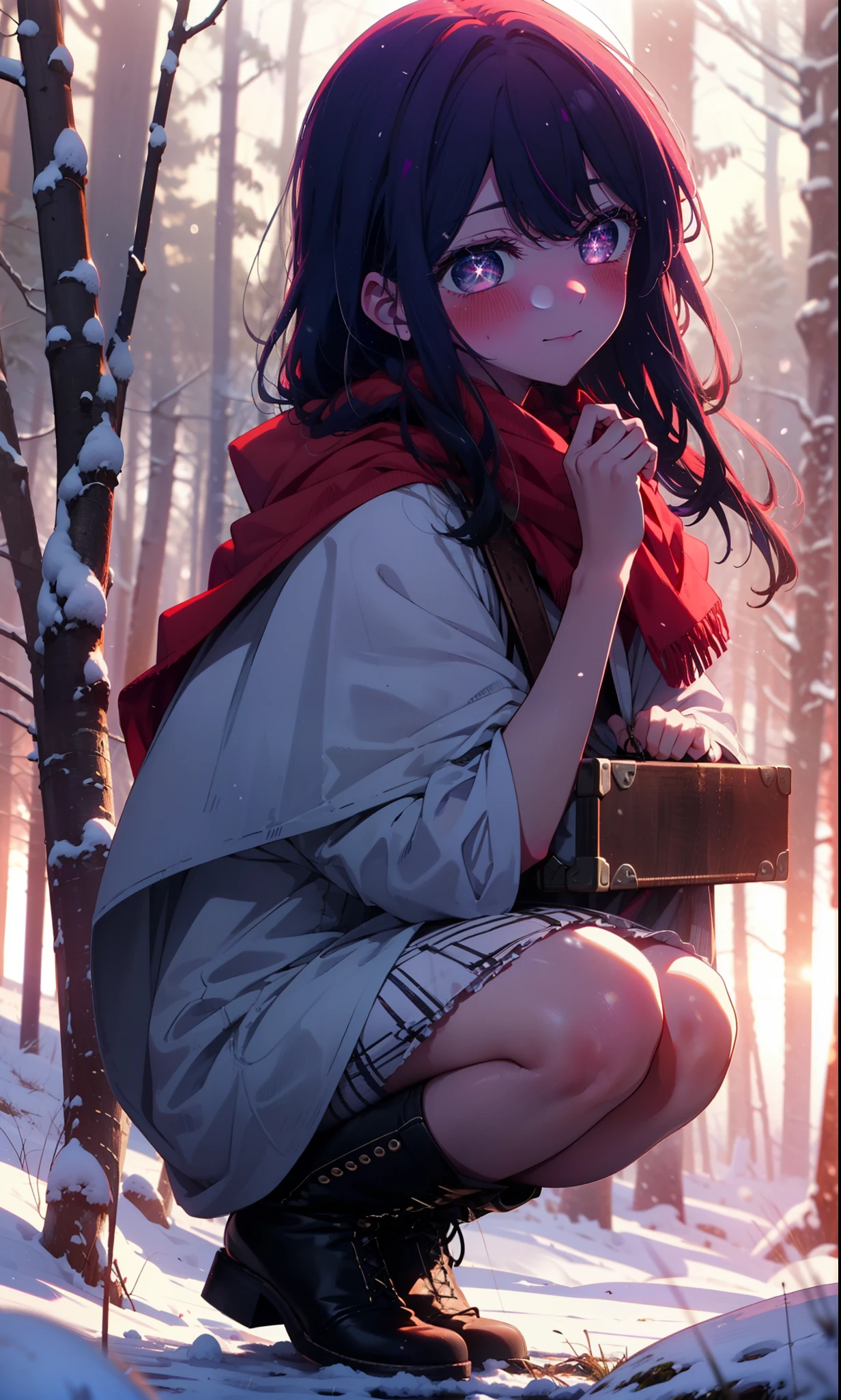 aihoshino, Ai Hoshino, Long Hair, bangs, (Purple eyes:1.1), Purple Hair, (Symbol-shaped pupil:1.5), smile,,smile,blush,white breath,
Open your mouth,snow,Ground bonfire, Outdoor, boots, snowing, From the side, wood, suitcase, Cape, Blurred, , forest, White handbag, nature, Squat, Mouth closed, Cape, winter, Written boundary depth, Black shoes, red Cape break looking at viewer, Upper Body, whole body, break Outdoor, forest, nature, break (masterpiece:1.2), Highest quality, High resolution, unity 8k wallpaper, (shape:0.8), (Beautiful and beautiful eyes:1.6), Highly detailed face, Perfect lighting, Extremely detailed CG, (Perfect hands, Perfect Anatomy),