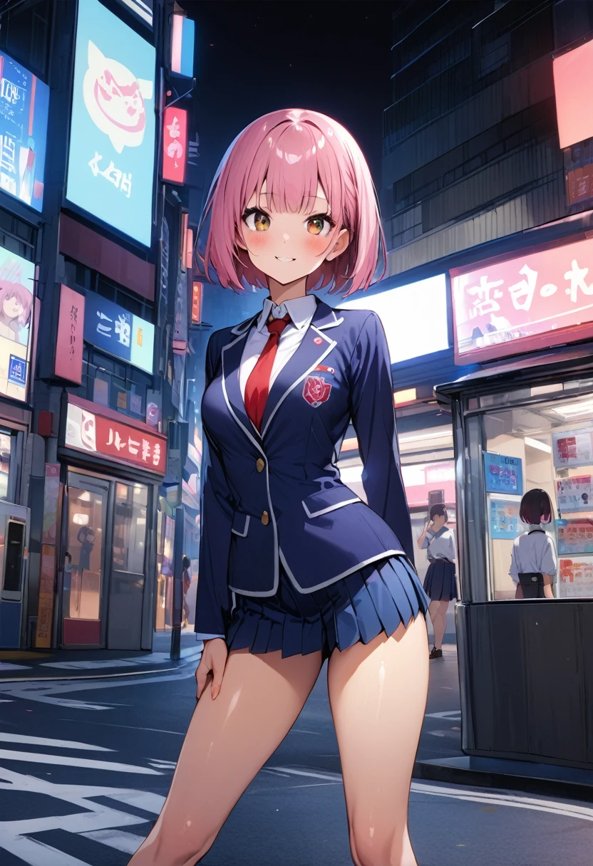 ((masterpiece,Highest quality:1.3,best quality illustration)),cowboy shot,1woman,16-year-old Japan beauty,((very small head:1.4)),short bob hair,bangs,(pink hair),brown eyes,gorgeous eyes,blush,smile,medium breasts,((very long body)),(School uniform,Navy blue blazer、Red tie、White Shirt、Navy blue pleated mini skirt),(toned body,slender body,skinny),gleaming skin,shiny skin,oily skin,standing,Shibuya Station、Tokyo