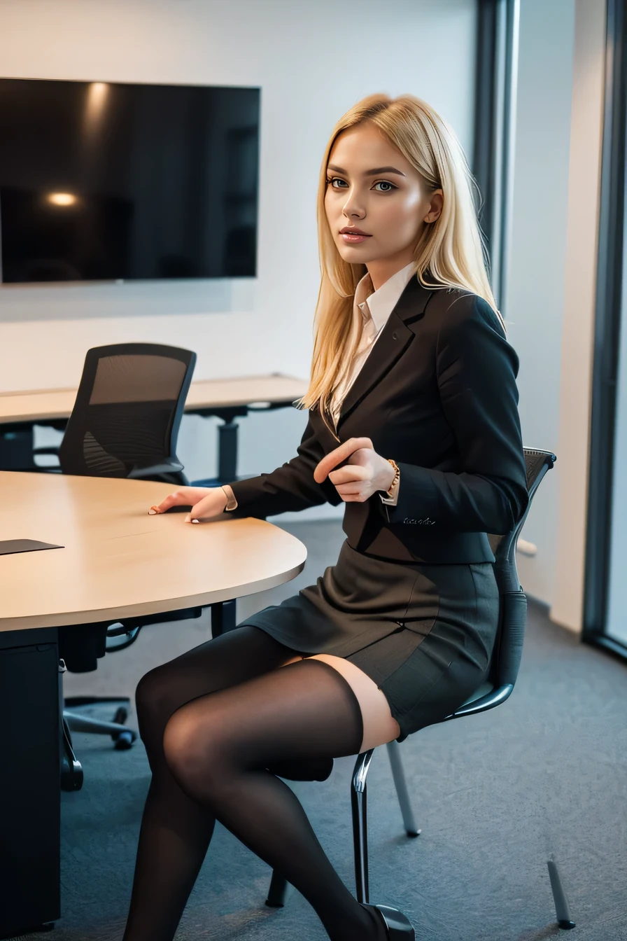 high quality,16K:1.1),((, German woman sitting in an office chair, 、Blonde Hair、((Office Lady Suits、Knee-length skirt)), tights,,(View your audience:1.3),(Full Body Shot:1.2),(Background is Conference Room 1.2),
