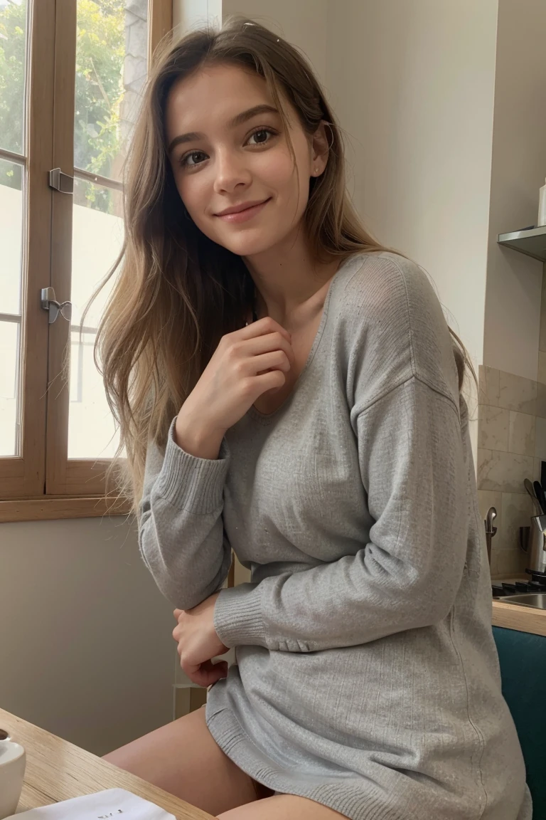 restaurent, bois un café, Une magnifique jeune fille de 21 ans avec une apparence innocente. Elle porte un pull en laine gris et une mini jupe, Elle a de longs cheveux blonds et ondulés qui descendent en cascade dans son dos, et de grands yeux bleus expressifs qui rayonnent de pureté et de curiosité. Sa peau est claire et lisse, Elle est assise, elle bois un café, créant une atmosphère rêveuse et paisible, Sa posture est douce et élégante, avec un léger sourire sur ses lèvres, reflétant sa nature innocente et gentille.