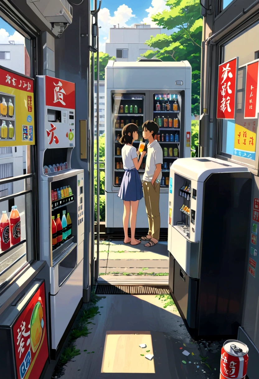 Emotional、Xin Haicheng、Ghibli style、Students seen from a Tokyo apartment window、train、Littering、A student couple buying drinks from a vending machine、Signs of Summer