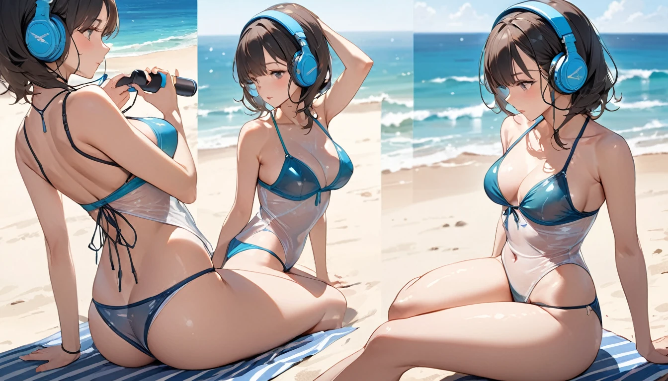 ((Top Quality)), ((Masterpiece)), ((Details)), perfect face, perfect body, sitting on the beach, listening to music, wearing headphones, wearing swimsuit, swimsuit transparent, tight with buttocks and breasts exposed Woman with clothes on and face visible