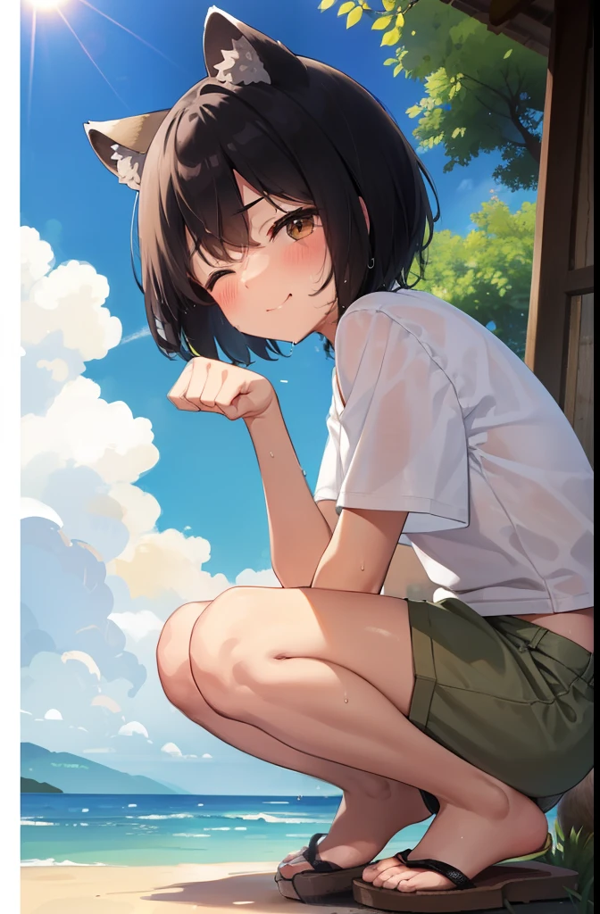 Residential area,smile,Squat,Put your hands behind your back,close your eyes,1. Small ,short hair,Black Hair,blush,White T-shirt,Olive green shorts,Brown Sandals,White skin,summer,From below,shy,Sweat,Open your mouth wide,sun,Wet,PAW Pose,Raccoon Ears