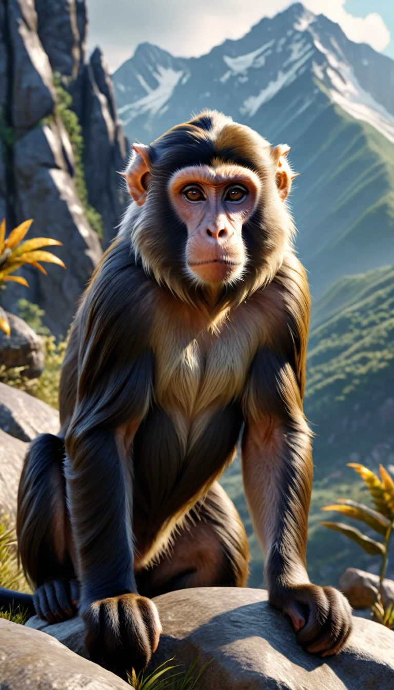 There is a wild beast on the mountain，Looks like a monkey but has four ears(best quality，4K，8K，High level，masterpiece：1.2），Ultra Detailed，（lifelike，Photo real，Photo real：1.37），Highly detailed animals，Realistic lighting，Fantasy Creatures