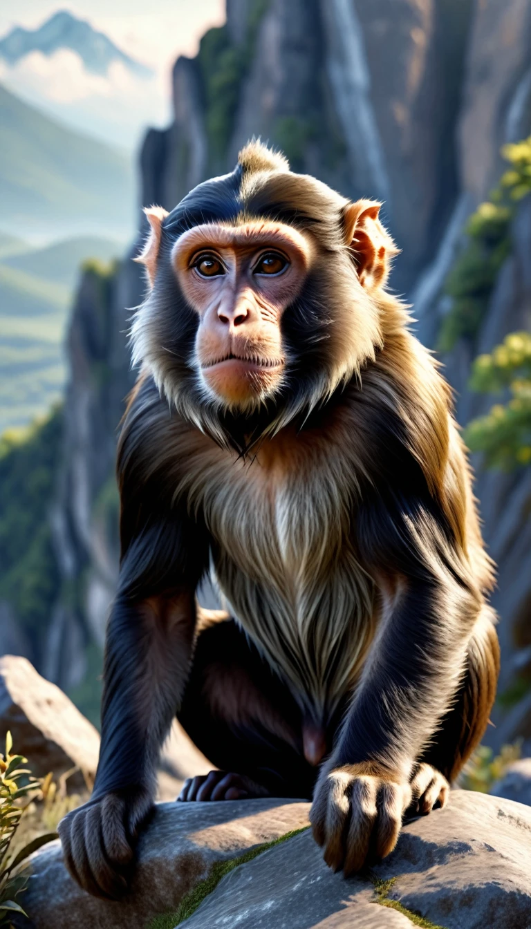 There is a wild beast on the mountain，Looks like a monkey but has four ears(best quality，4K，8K，High level，masterpiece：1.2），Ultra Detailed，（lifelike，Photo real，Photo real：1.37），Highly detailed animals，Realistic lighting，Fantasy Creatures