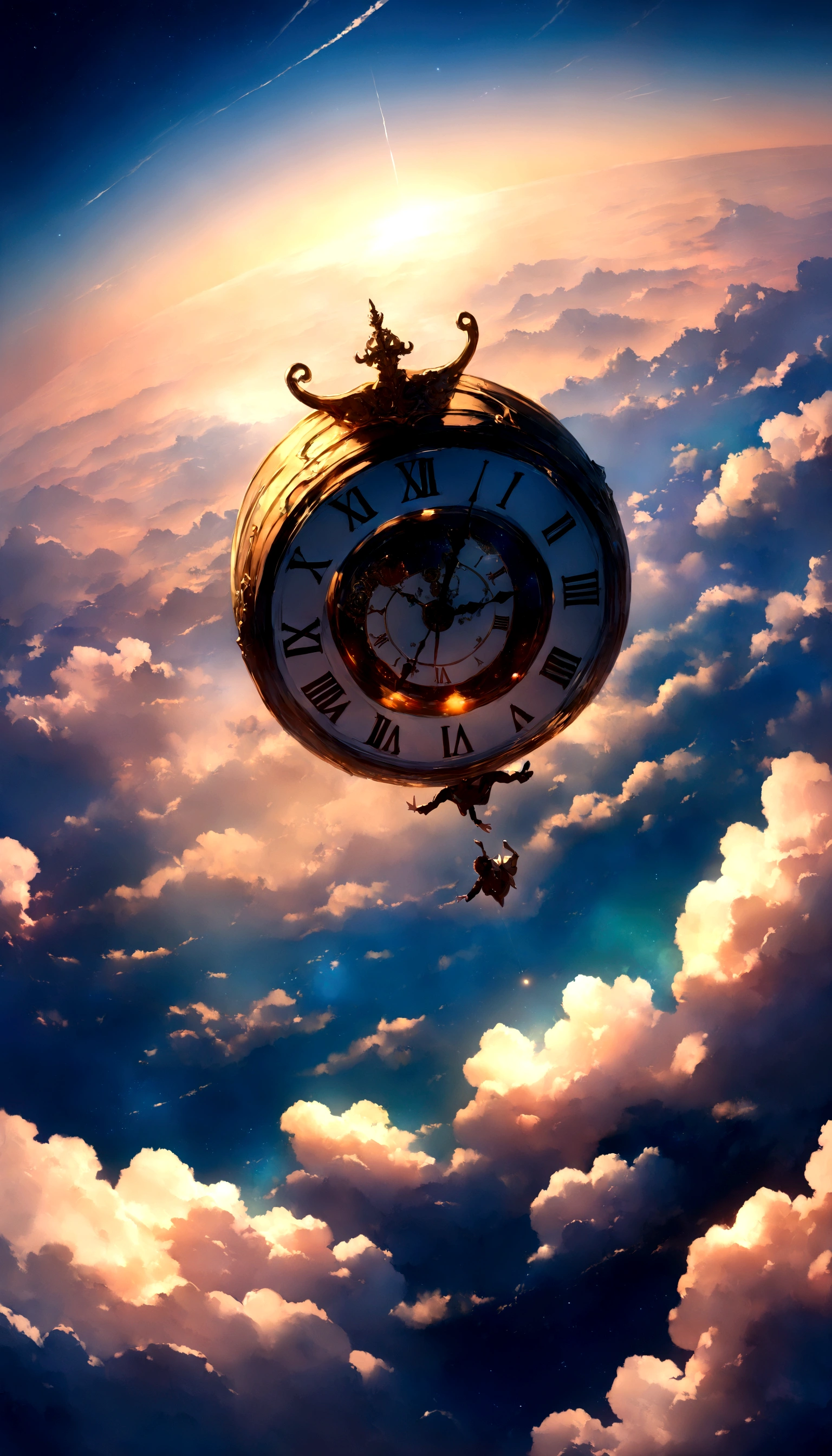 Very detailed CG Unity 8K 壁紙、Cinematic lighting、Lens flare、Beautiful detailed eyes、landscape、Ultra HD、cloud、8K quality、Ultra Sharp、Real Light、Surreal、Ridiculous Resolutions, High resolution, (masterpiece:1.4), Very detailed, One boy, View from above, space, floating, - At six o&#39;clock