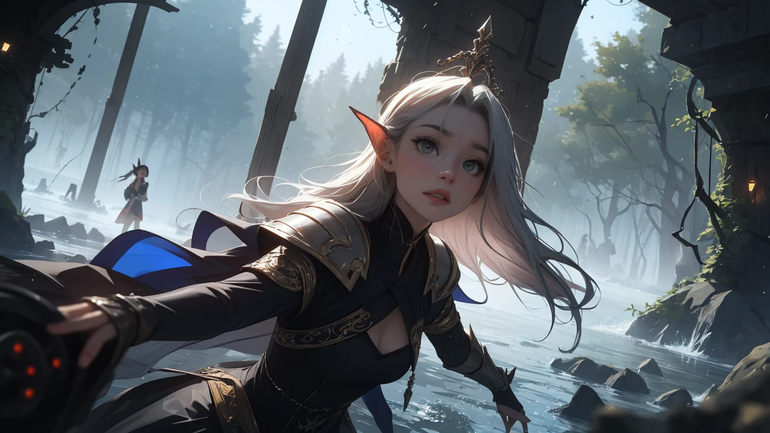 (best quality, masterpiece), 1girl painting a picture, (goosebumps:0.7), beautiful face, (eyeliner, lipstick:0.9), masterpiece, best quality, 1girl, white hair, long hair, long white-haired female elf wearing light armor, sitting on a tree branch watching the sunset, digital art