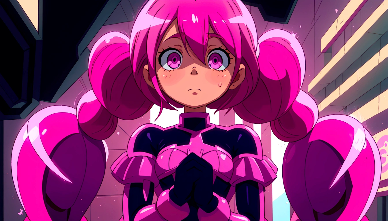 a close up of a person with pink hair and a purple outfit, anime girl named lucy, humanoid pink female squid girl, pink iconic character, shining pink armor, juri misaki, pink twintail hair and cyan eyes, misato katsuragi, black magician girl, streamlined pink armor, with pink hair