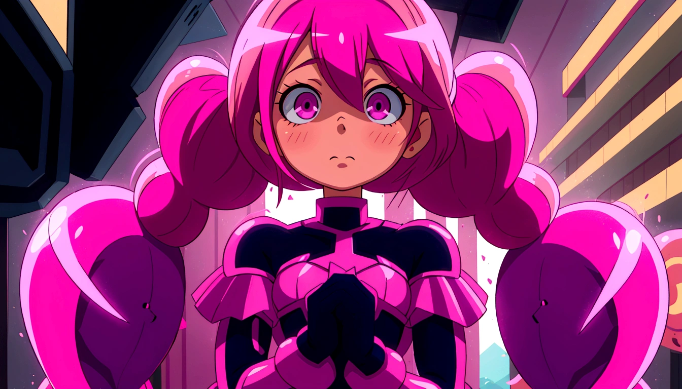 a close up of a person with pink hair and a purple outfit, anime girl named lucy, humanoid pink female squid girl, pink iconic character, shining pink armor, juri misaki, pink twintail hair and cyan eyes, misato katsuragi, black magician girl, streamlined pink armor, with pink hair