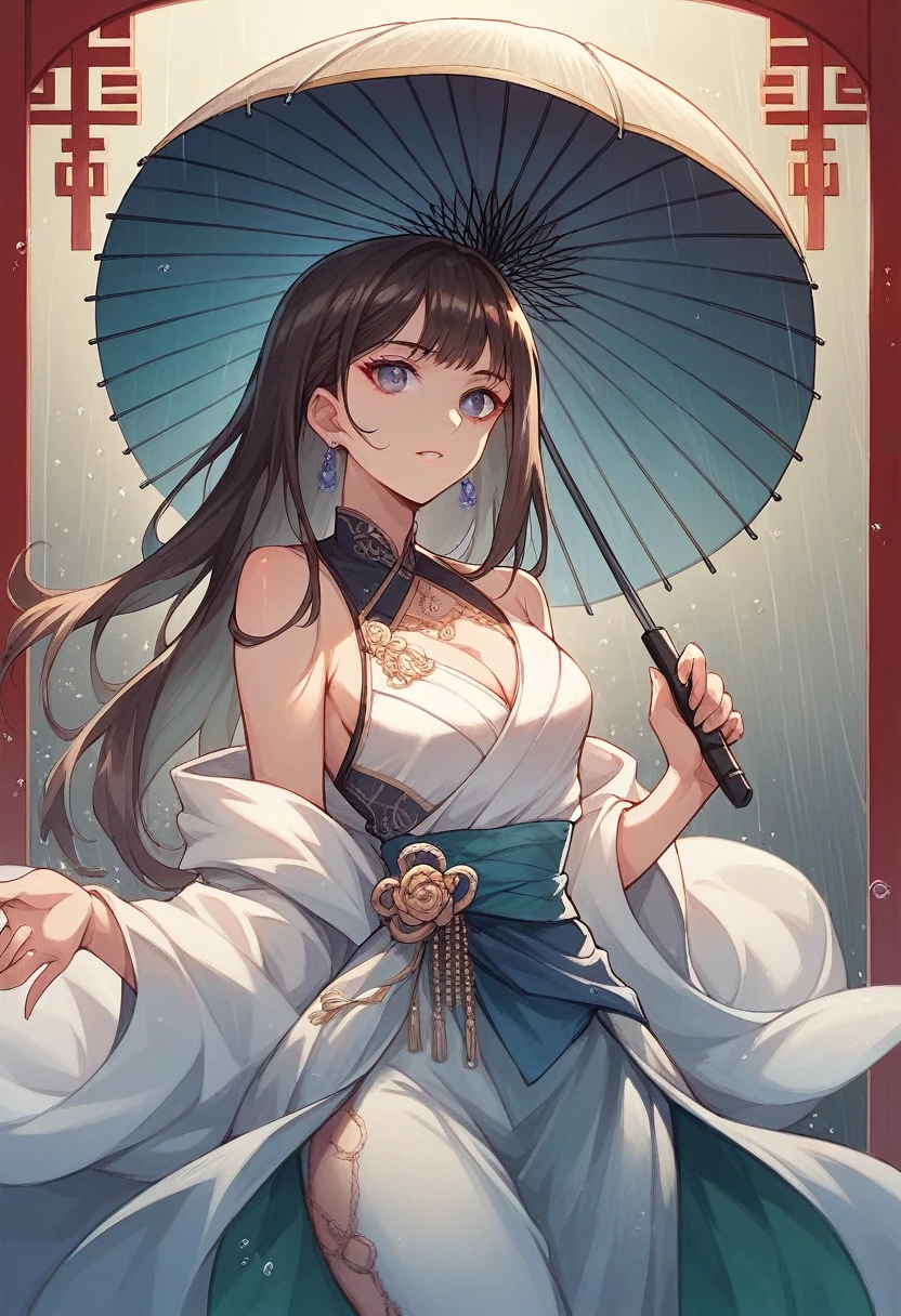 digital painting of an elegant woman in white, styled as a geisha, holding an umbrella and dancing in the rain, in the middle of shibuya street, intricate details, in an oriental fantasy theme, made in a dynamic style