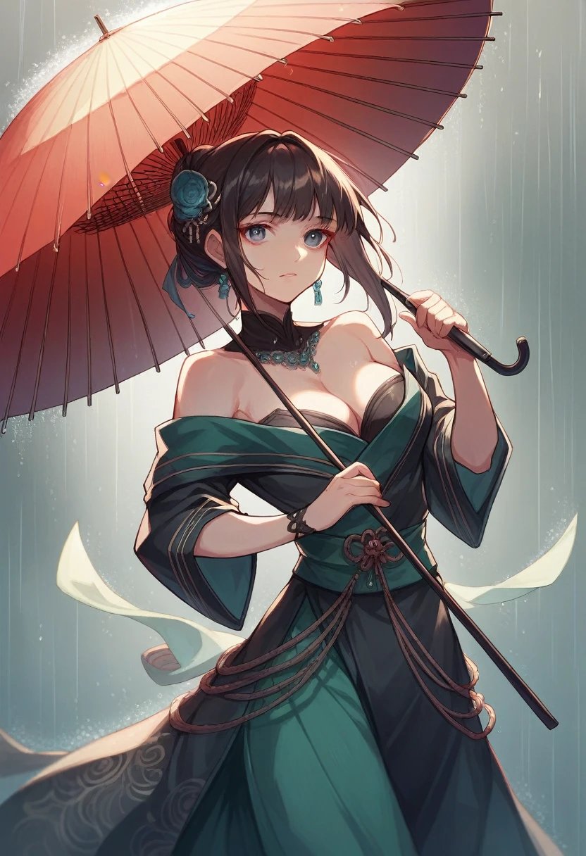 digital painting of an elegant woman in white, styled as a geisha, holding an umbrella and dancing in the rain, in the middle of shibuya street, intricate details, in an oriental fantasy theme, made in a dynamic style