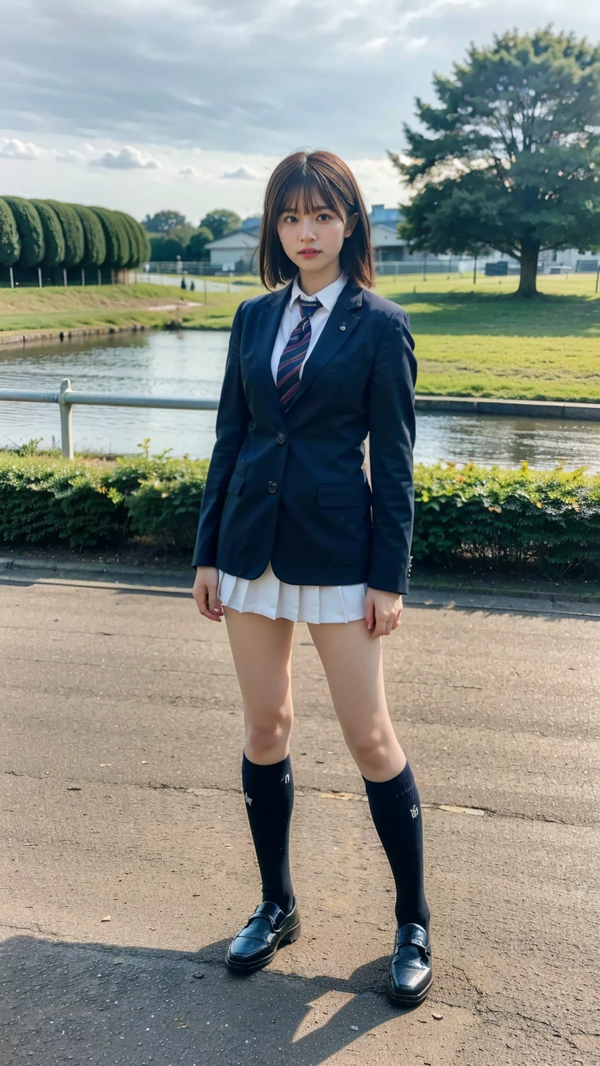 (8K、RAW Photos、Highest quality、masterpiece:1.2)、(Realistic、Realistic)、1 Girl、((blackチェックミニスカート、High school uniform、blazer、Navy Socks、loafers、Medium Hair、black、Thin legs、garden、View from the front、Looking into the camera、Stand with hands on hips))、cute