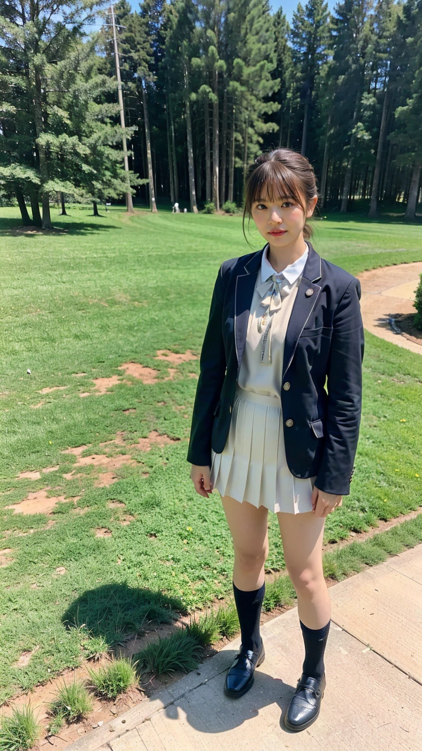 (8K、RAW Photos、Highest quality、masterpiece:1.2)、(Realistic、Realistic)、1 Girl、((blackチェックミニスカート、High school uniform、blazer、Navy Socks、loafers、Medium Hair、black、Thin legs、garden、View from the front、Looking into the camera、Stand with hands on hips))、cute