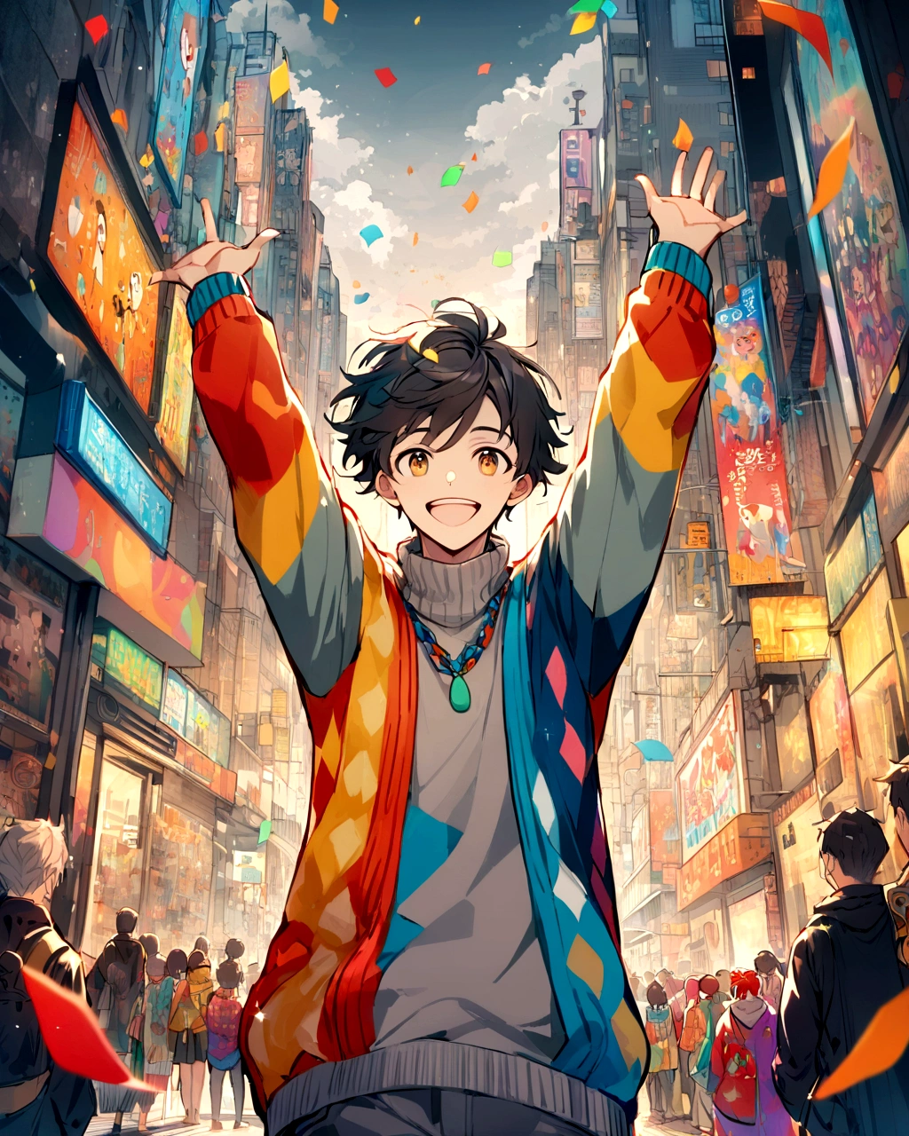 Create a vibrant anime-style illustration of a young boy standing joyously in the middle of a busy urban street. He is wearing a colorful sweater with a mix of cartoon characters and patterns. The sweater has a lively palette of blues, reds, yellows, oranges, and whites. His hair is dark and slightly tousled, and he is smiling widely with his arms raised high in celebration. The background features tall buildings in muted gray tones, creating a contrast with his bright sweater. Confetti in various colors is falling around, enhancing the festive and energetic atmosphere. The overall mood is cheerful and lively, with a focus on the colorful elements and the boy's expressive joy.