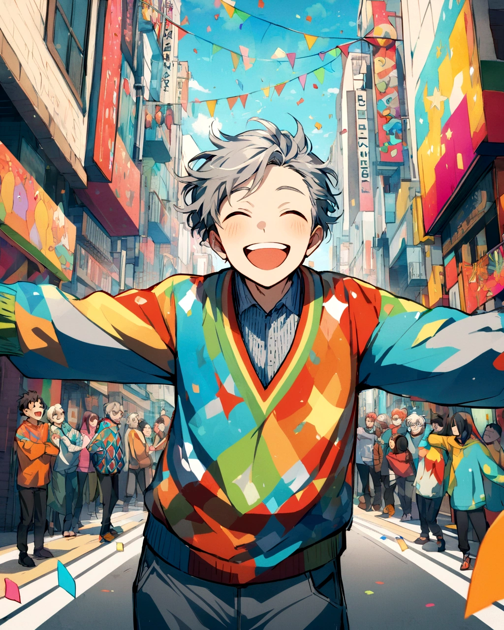 Create a vibrant anime-style illustration of a young boy standing joyously in the middle of a busy urban street. He is wearing a colorful sweater with a mix of cartoon characters and patterns. The sweater has a lively palette of blues, reds, yellows, oranges, and whites. His hair is dark and slightly tousled, and he is smiling widely with his arms raised high in celebration. The background features tall buildings in muted gray tones, creating a contrast with his bright sweater. Confetti in various colors is falling around, enhancing the festive and energetic atmosphere. The overall mood is cheerful and lively, with a focus on the colorful elements and the boy's expressive joy.


