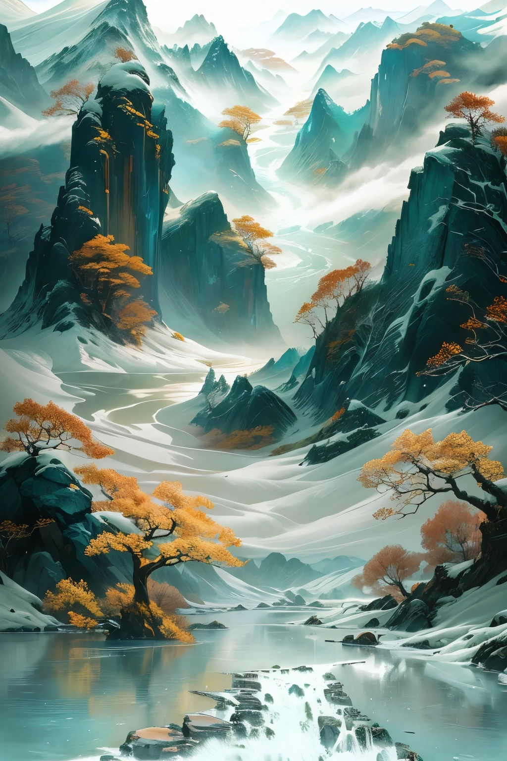 Landscape painting with trees and water, Inspired by Ma Yuan, Stunning digital art, very Beautiful digital art, 4k Highly detailed digital art, Intricate landscape, Beautiful digital art, Highly detailed digital art, Landscape Artwork, Extremely detailed digital art, Beautiful digital artwork, Chinese scenery, Mountains and Seas, author：Song Xu, Highly detailed digital art