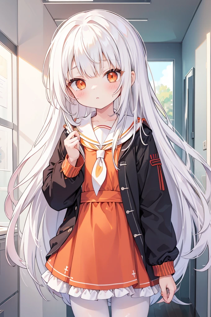 One girl, masterpiece, 最high quality, high quality, Olga_Marie, white_hair, orange_eye, LONG hair, eyeの間の毛, Long sleeve, Jacket, Red Ascot, dress, skirt, pantyhose, とても長いhair, Cowboy Shot, ((Toddler girl)) ((5 years old))((naked)) ((nsfw)