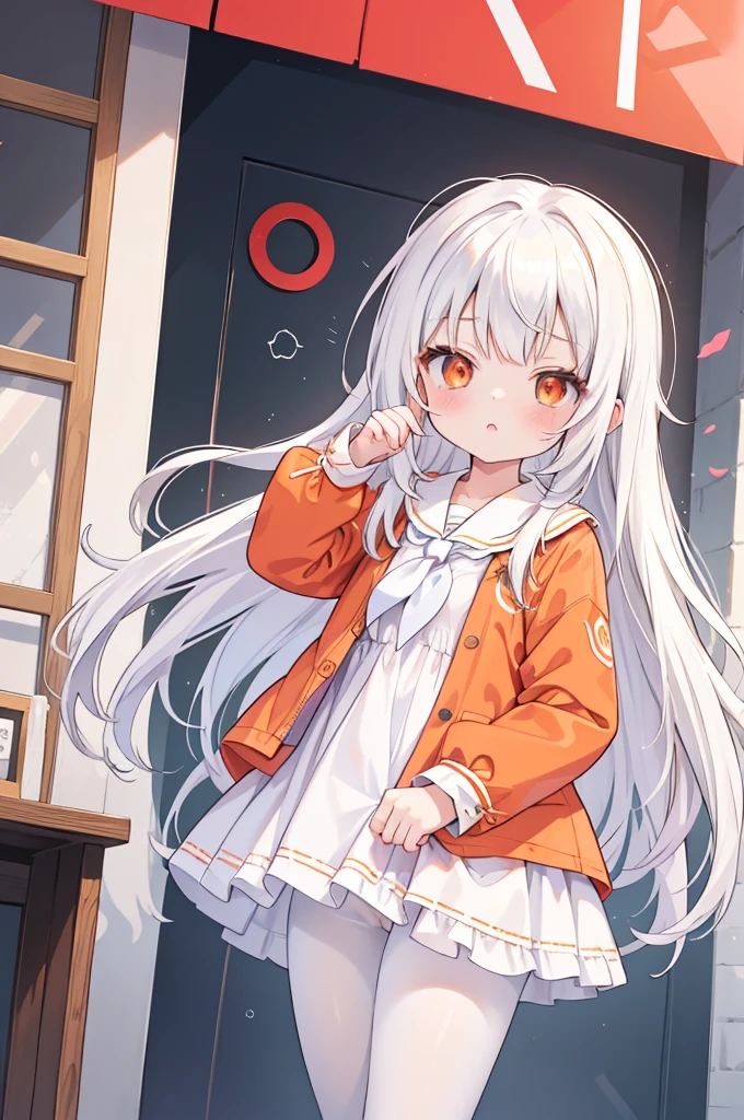 One girl, masterpiece, 最high quality, high quality, Olga_Marie, white_hair, orange_eye, LONG hair, eyeの間の毛, Long sleeve, Jacket, Red Ascot, dress, skirt, pantyhose, とても長いhair, Cowboy Shot, ((Toddler girl))　((5 ))((naked))　((nsfw)