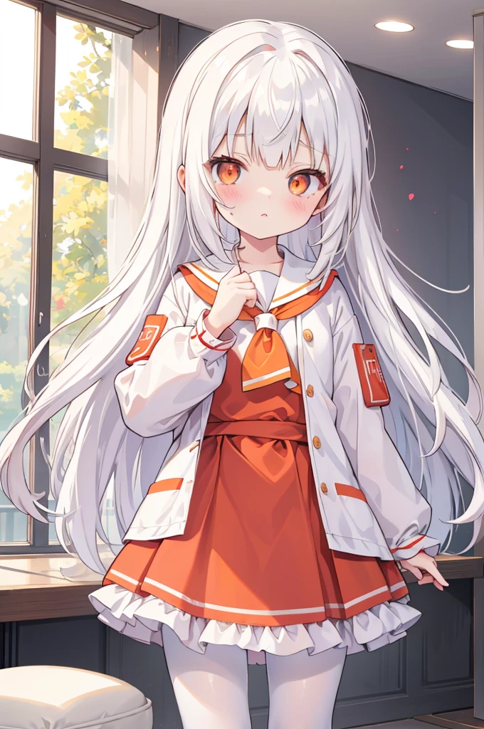 One girl, masterpiece, 最high quality, high quality, Olga_Marie, white_hair, orange_eye, LONG hair, eyeの間の毛, Long sleeve, Jacket, Red Ascot, dress, skirt, pantyhose, とても長いhair, Cowboy Shot, ((Toddler girl))　((5 ))((naked))　((nsfw)