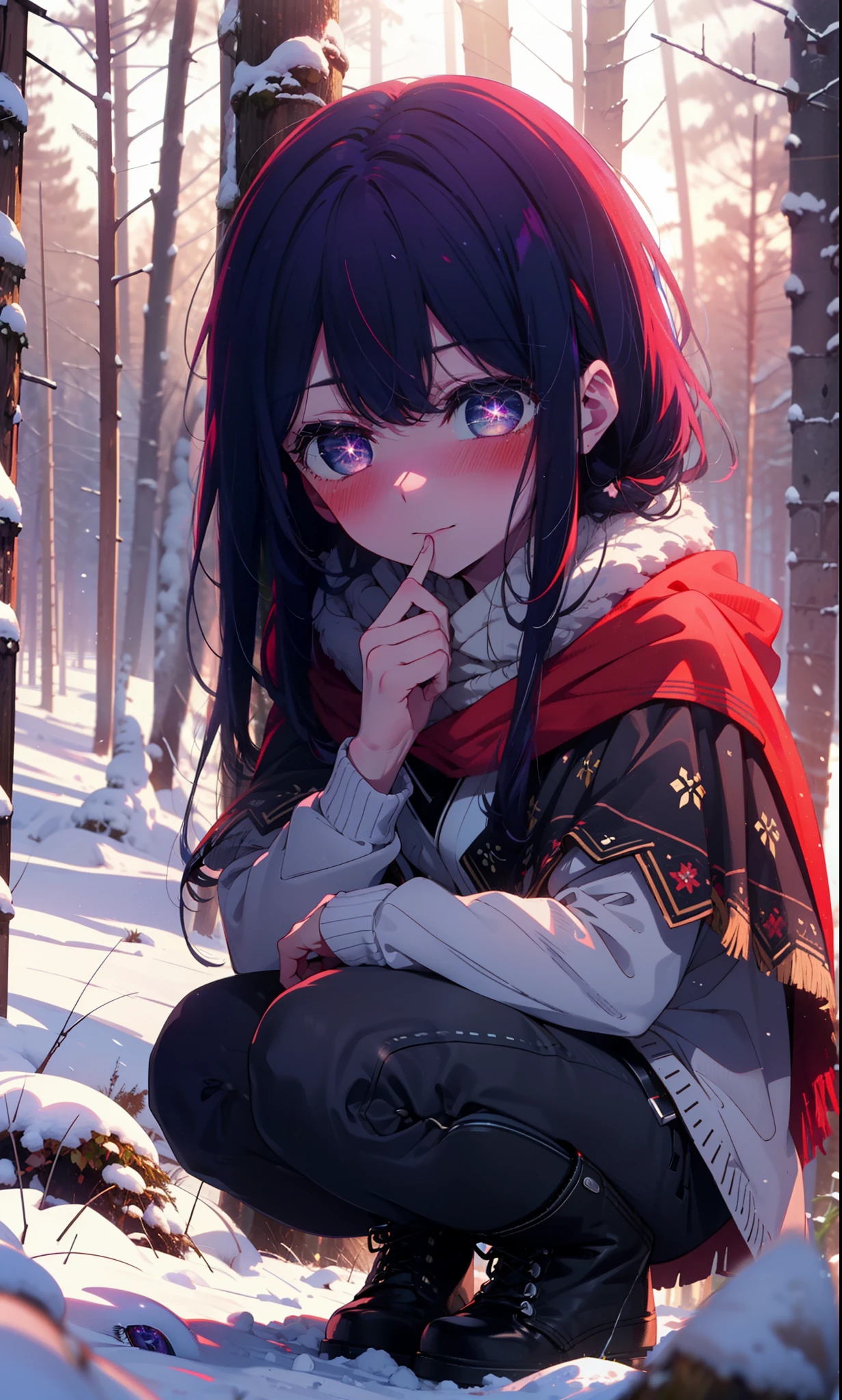 aihoshino, Ai Hoshino, Long Hair, bangs, (Purple eyes:1.1), Purple Hair, (Symbol-shaped pupil:1.5), smile,,smile,blush,White Breath,
Open your mouth,snow,Ground bonfire, Outdoor, boots, snowing, From the side, wood, suitcase, Cape, Blurred, , forest, White handbag, nature, Squat, Mouth closed, Cape, winter, Written boundary depth, Black shoes, red Cape break looking at viewer, Upper Body, whole body, break Outdoor, forest, nature, break (masterpiece:1.2), Highest quality, High resolution, unity 8k wallpaper, (shape:0.8), (Beautiful and beautiful eyes:1.6), Highly detailed face, Perfect lighting, Highly detailed CG, (Perfect hands, Perfect Anatomy),