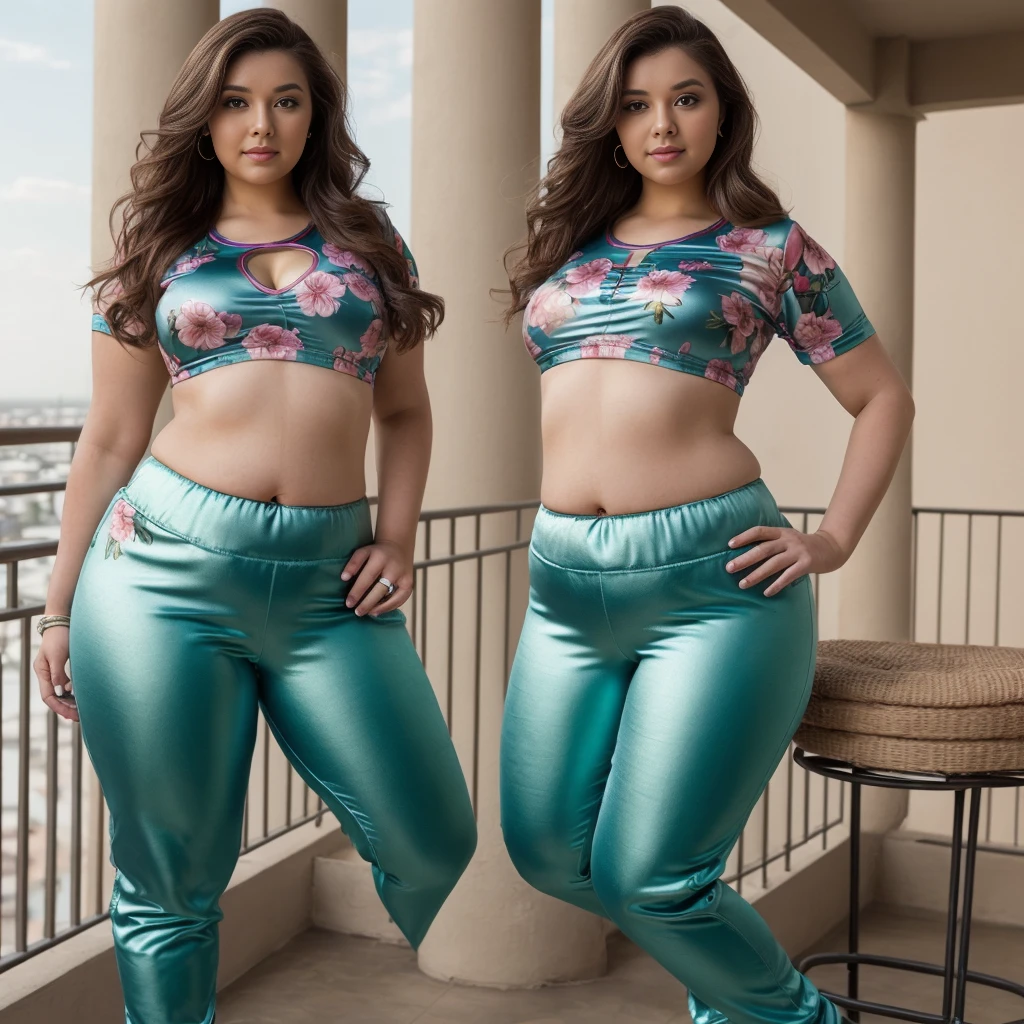 (Best Quality, 8k, 32k, Ultra Detailed Face, Detailed Lips, Fine Eyes, Double Eyelids, alluring plus size model, curvy figure,chubby, lora Valeria, detailed face, detailed eyes, full lips, realistic features, highly detailed, plus size woman wearing tight printed satin t-shirt,  (various color tight satin crop pants) 8k, chubby, dslr, slight smile, sexy, woman balcony, nice view background, (Same character multiple poses sheet), (fluffy turned), curves, detailed skin, skin texture,curves, (realistic, photo realistic:1.2), high detail RAW color photo,(realistic:1.5) visible facial pores:1.2),skin texture, ([(realistic:1.125)|(matte:1.125)|extremely detailed|natural|beautifully styled] human hair:1.5) ([human [head|hair|chest|hips|legs|feet]|well drawn|present| visible] in frame:1.25) human skin has [visible|[(wrinkles:0.625)|small pores]], no flash, stool, floral satin pants, messy hair, tied hair, a full length portrait, 40mm lens (low light) evening, lights in background,low light, sunset, (lora Valeria) 