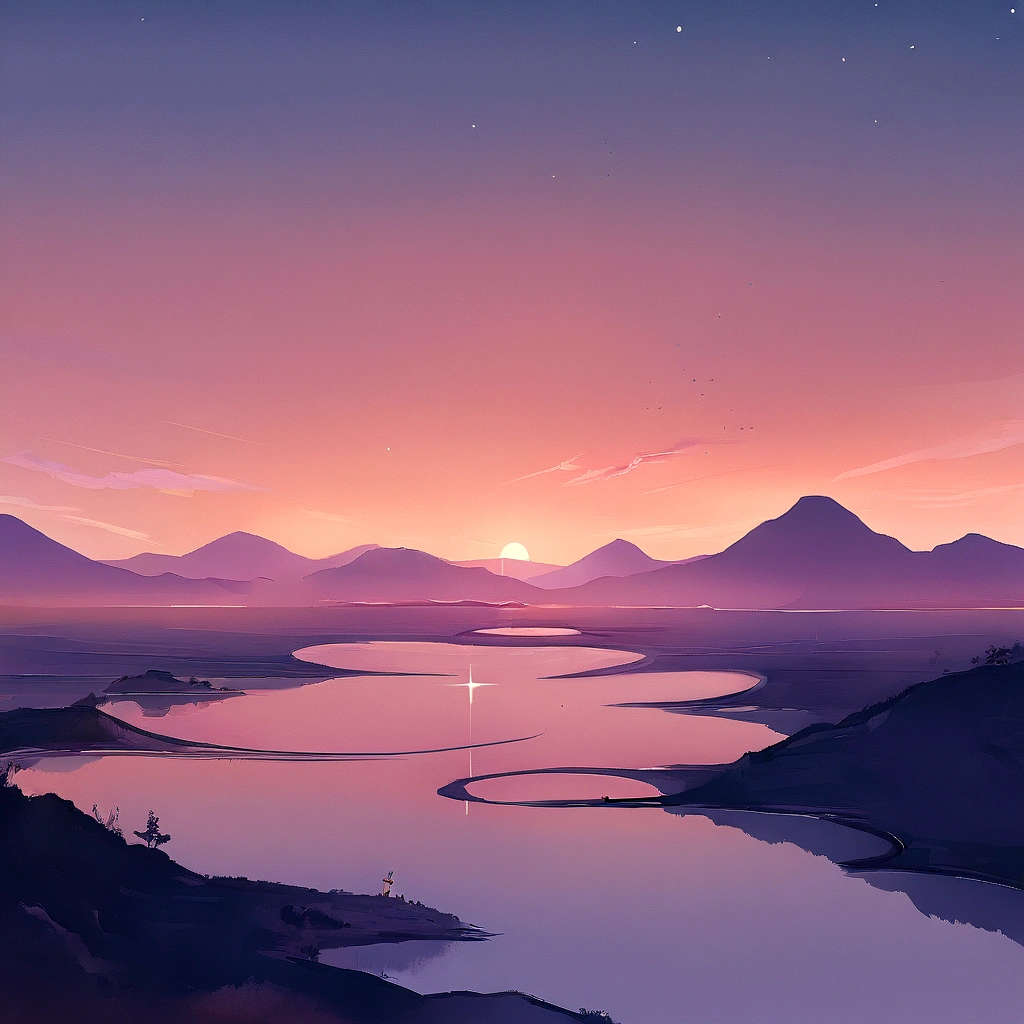 ((work of art)), ((best qualityer)), 8K, highy detailed, ultra detali, Luz da noite ,simple colors,Chinese landscape painting style,A duck flying at sunset,reflection, Thu, Riu, Vast sky, merging, serene, harmonious, peaceful