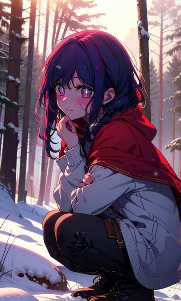 aihoshino, Ai Hoshino, Long Hair, bangs, (Purple eyes:1.1), Purple Hair, (Symbol-shaped pupil:1.5), smile,,smile,blush,White Breath,
Open your mouth,snow,Ground bonfire, Outdoor, boots, snowing, From the side, wood, suitcase, Cape, Blurred, , forest, White handbag, nature, Squat, Mouth closed, Cape, winter, Written boundary depth, Black shoes, red Cape break looking at viewer, Upper Body, whole body, break Outdoor, forest, nature, break (masterpiece:1.2), Highest quality, High resolution, unity 8k wallpaper, (shape:0.8), (Beautiful and beautiful eyes:1.6), Highly detailed face, Perfect lighting, Highly detailed CG, (Perfect hands, Perfect Anatomy),