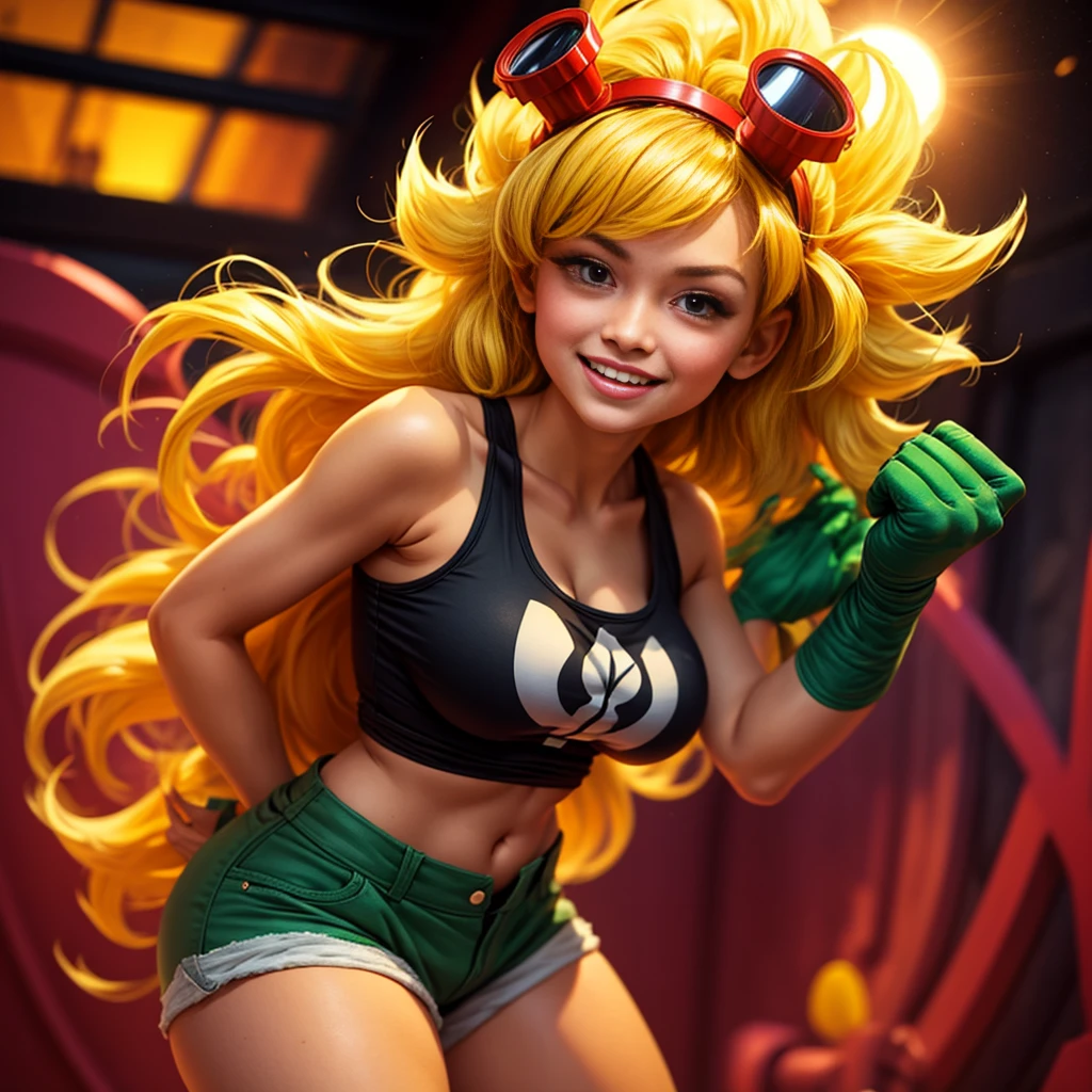 solar flare (plants vs zombies heroes)、(Correct Anatomy:1.5)、Ideal proportions_Big Breasts_Six Pack_Big Butt_Healthy tanned skin_Thick, flowing blonde hair_Red goggles on head_Green gloves ‗ Green supporters_Black navel-baring tank top_Green shorts_Very beautiful and sexy young girl、smile、Squat with legs spread wide、Raise your hands to show your armpits、