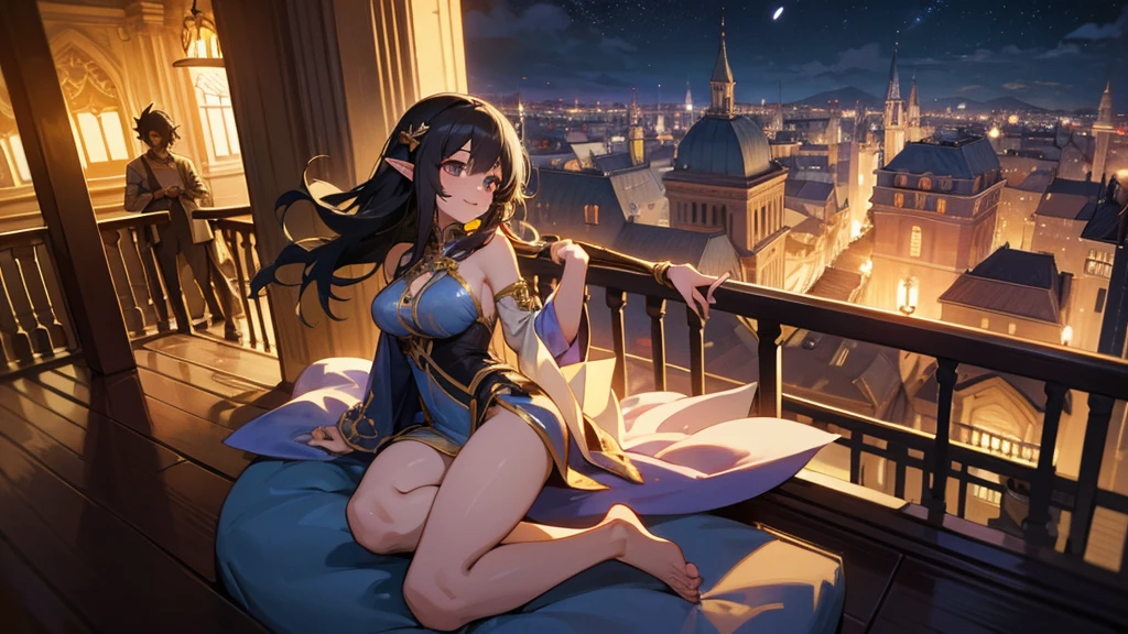 Anime Style,night,Detailed background,Magical World,A lively balcony with many people,A beautiful elf bard with black hair and a smile,guitar,Large Breasts,Healthy thighs,Underarm,Barefoot