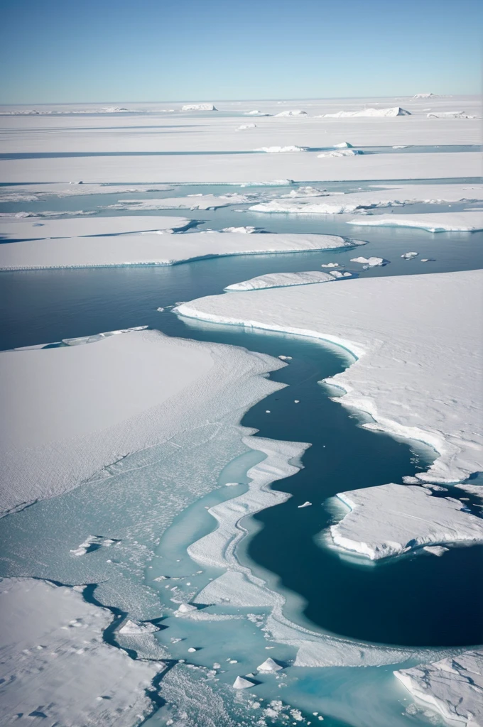 Aerial view of the icy expanse of Antarctica. The camera zooms in on scientists working on the ice