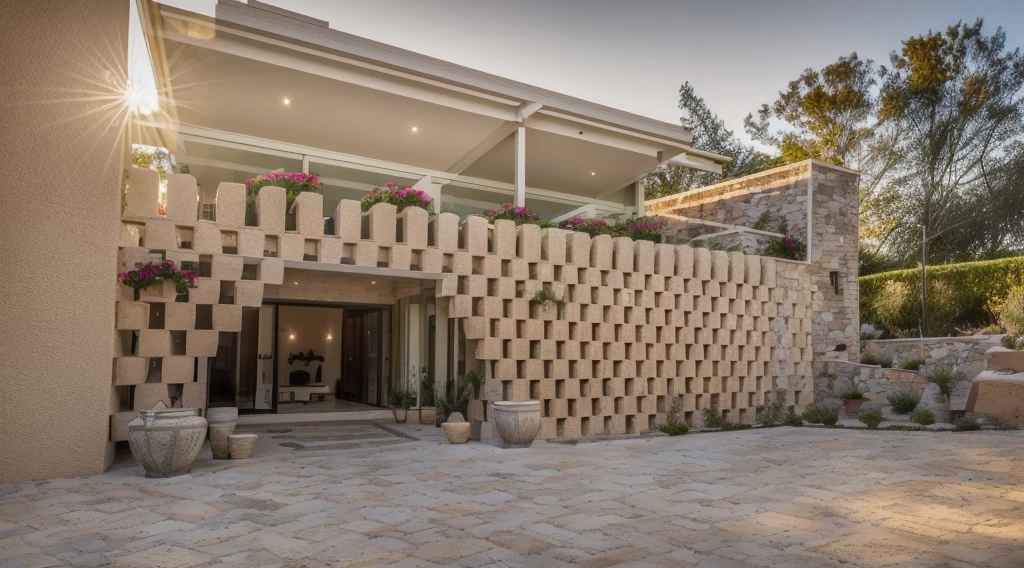 The exterior of a 1-storey house decorated with stacked stone mortars, trees, flower trellises, Ricardo Bofill style, super detailed, sunrise light, most realistic photos, 4K,