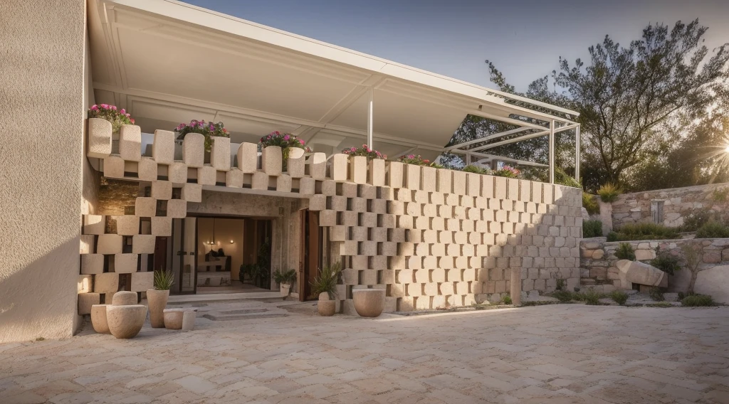 The exterior of a 1-storey house decorated with stacked stone mortars, trees, flower trellises, Ricardo Bofill style, super detailed, sunrise light, most realistic photos, 4K,