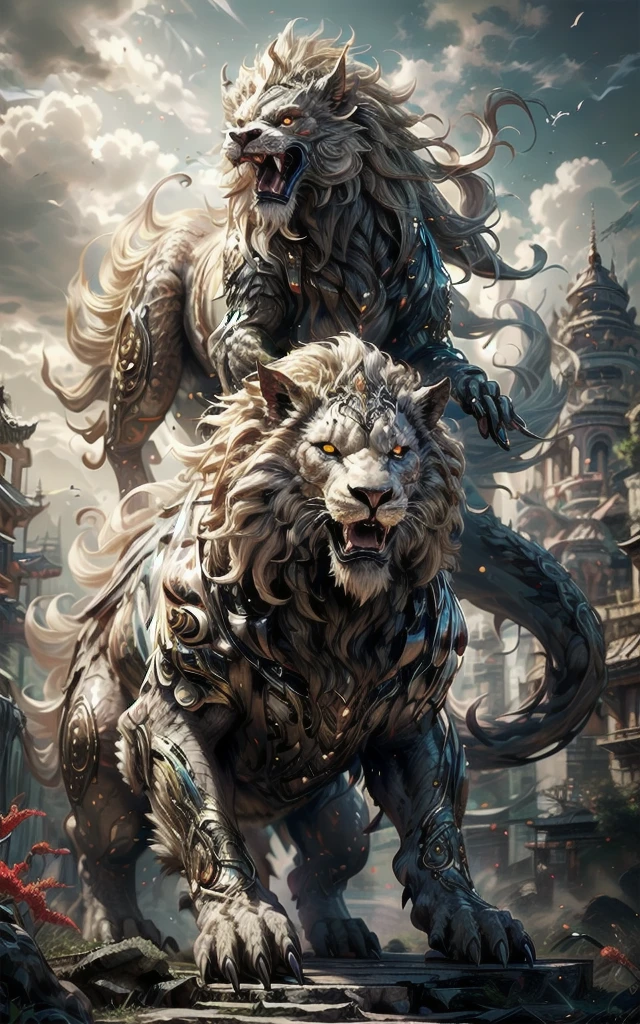 (Masterpiece),(highly accurate drawing in every detail),(extremely precise representation)(cinematic)Enter the world of mythology with this captivating illustration of the baku, a majestic creature from japanese folklore. The composition shows the great-cat like body of the baku, with the head like a tapir with mane with elephan-trunk and tusks and ((long golden mane and long tail(liontail) and at the ends of the extremities are paws and ghostflames((jumping athletic in the air)) in beautiful mystical forest. The vibrant colors and intricate details bring this mythical creature to life, evoking a sense of awe and wonder. Renowned fantasy artist J.R.R. skillfully captures the magic and mysticism of the baku in this enchanting image (flat pastel forest background),