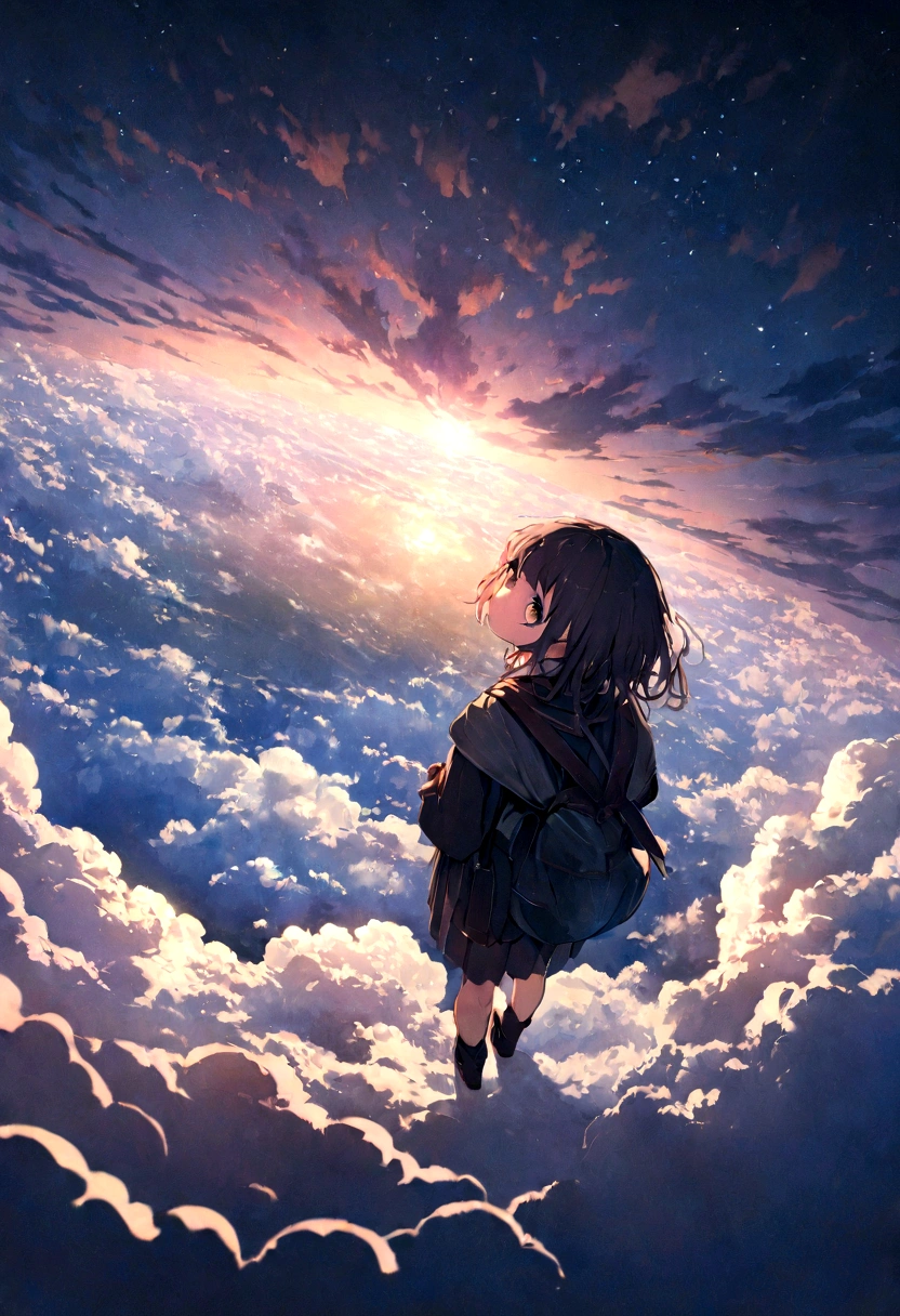 Very detailed CG Unity 8K 壁紙、Cinematic lighting、Lens flare、Beautiful detailed eyes、landscape、Ultra HD、cloud、8K quality、Ultra Sharp、Real Light、Surreal、Ridiculous world lines, High resolution, (masterpiece:1.4), Very detailed, One boy, View from above, space, floating, -