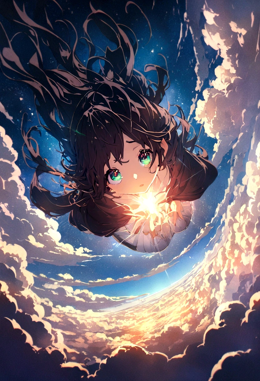 Very detailed CG Unity 8K 壁紙、Cinematic lighting、Lens flare、Beautiful detailed eyes、landscape、Ultra HD、cloud、8K quality、Ultra Sharp、Real Light、Surreal、Ridiculous world lines, High resolution, (masterpiece:1.4), Very detailed, One boy, View from above, space, floating, -