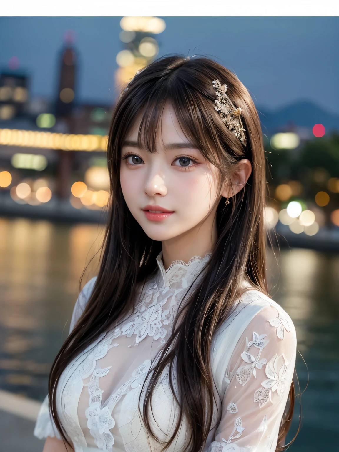 ((masterpiece: 1.3),8K, Realistic, RAW Photos, Highest quality: 1.4), (One Girl), beautiful顔, (Realistic Face), (Brown long hair: 1.3), head band、(((Night Port、Night view、Sparkling))),beautifulヘアスタイル, (bangs), (smile), smile, Realistic eyes, Gloss, highlight, highlight in the Eyes, eyelash, 目の中のbeautifulディテール, (Realistic Skin),、(((White lace dress)))、Shooting from the air、beautiful肌, Transparency、(beautiful)、 bust, smile, teeth, Confused, charm, 超High resolution, Ultra-realistic, High resolution, Golden Ratio, Clear eyes, Wet, Mole, Looking into the camera, ear, Shine, Long neck, double eyelid, Big eyes, cheek, kind character, charm personality, kind, Move, 圧倒的なcharm, bright personality