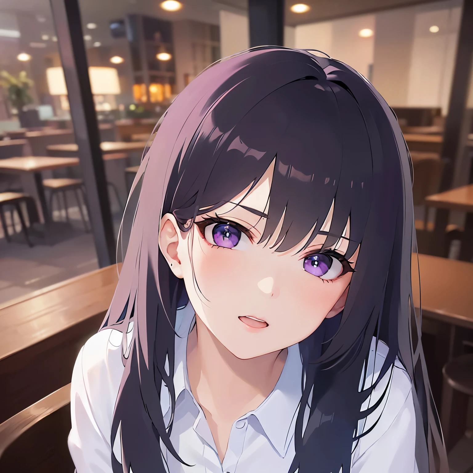 head tilt、head rest、Shooting from above、Realistic, real person, (pale skin: 1.2), RAW photo, photorealistic, shiny skin, shiny hair、(A 25-year-old woman with straight hair and bangs) and (medium hair) and (black hair) and (purple eyes) , (white collared shirt)、sad, open mouth, The background is the interior of a restaurant at night.、Alone、