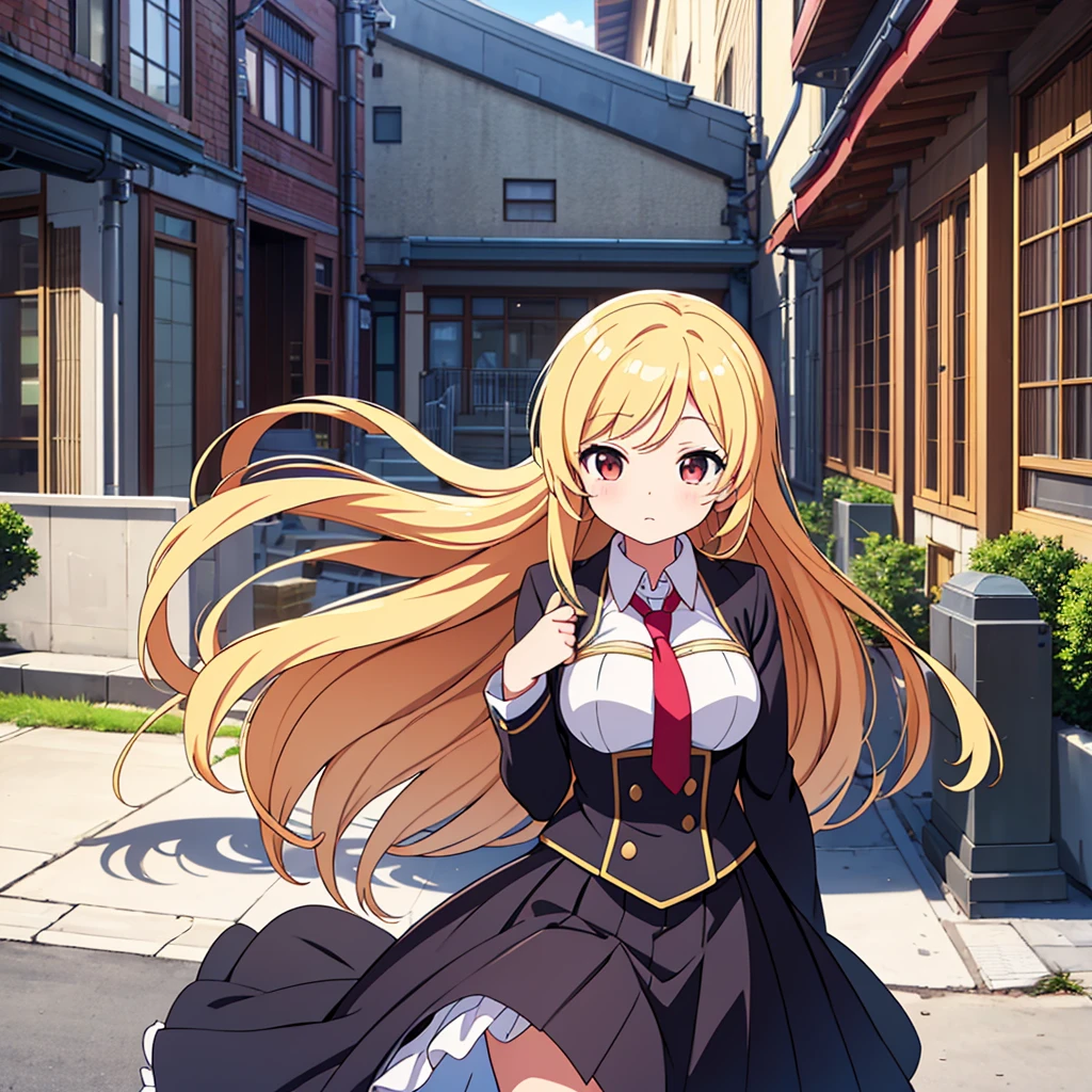 Striking and photorealistic 2.5D moe anime style. Mami, a good-looking and talented high school girl with long, flowing dark blonde hair, stands confidently in front of a modern, magnificent school building reminiscent of a school town. She wears a sailor uniform, the bright colors of the black and white fabric and red sailor tie adding to her allure. Her costume is elegant and traditional, and her feminine mami pose is reminiscent of a traditional , which must be both graceful and alluring. Her hair, tie, and skirt flutter in the wind. Her companion is a tuxedo-clad, first-generation butler, who stands behind her as her caretaker. The background is a futuristic school, bright and surrealistic colors, and other futuristic fantasy elements abound to create a magical school atmosphere. The traditional Japanese beauty and fantasy elements are fused together to create a cool and stylish mami. Enhance the overall quality and detail and provide new patterns for variation. Increase the resolution and quality to the extreme values and challenge yourself to draw deeply and richly in ultra-fine detail.