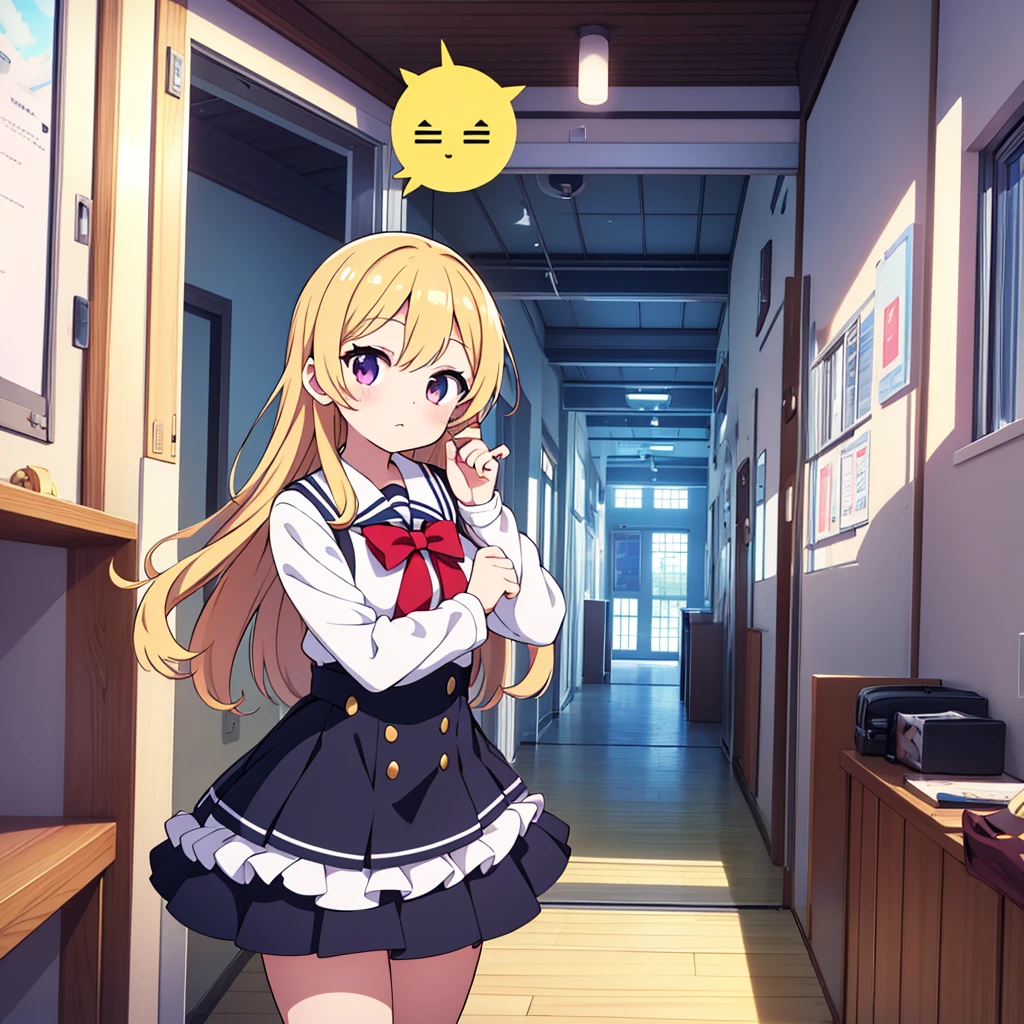 Striking and photorealistic 2.5D moe anime style. Mami, a good-looking and talented high school girl with long, flowing dark blonde hair, stands confidently in front of a modern, magnificent school building reminiscent of a school town. She wears a sailor uniform, the bright colors of the black and white fabric and red sailor tie adding to her allure. Her costume is elegant and traditional, and her feminine mami pose is reminiscent of a traditional , which must be both graceful and alluring. Her hair, tie, and skirt flutter in the wind. Her companion is a tuxedo-clad, first-generation butler, who stands behind her as her caretaker. The background is a futuristic school, bright and surrealistic colors, and other futuristic fantasy elements abound to create a magical school atmosphere. The traditional Japanese beauty and fantasy elements are fused together to create a cool and stylish mami. Enhance the overall quality and detail and provide new patterns for variation. Increase the resolution and quality to the extreme values and challenge yourself to draw deeply and richly in ultra-fine detail.