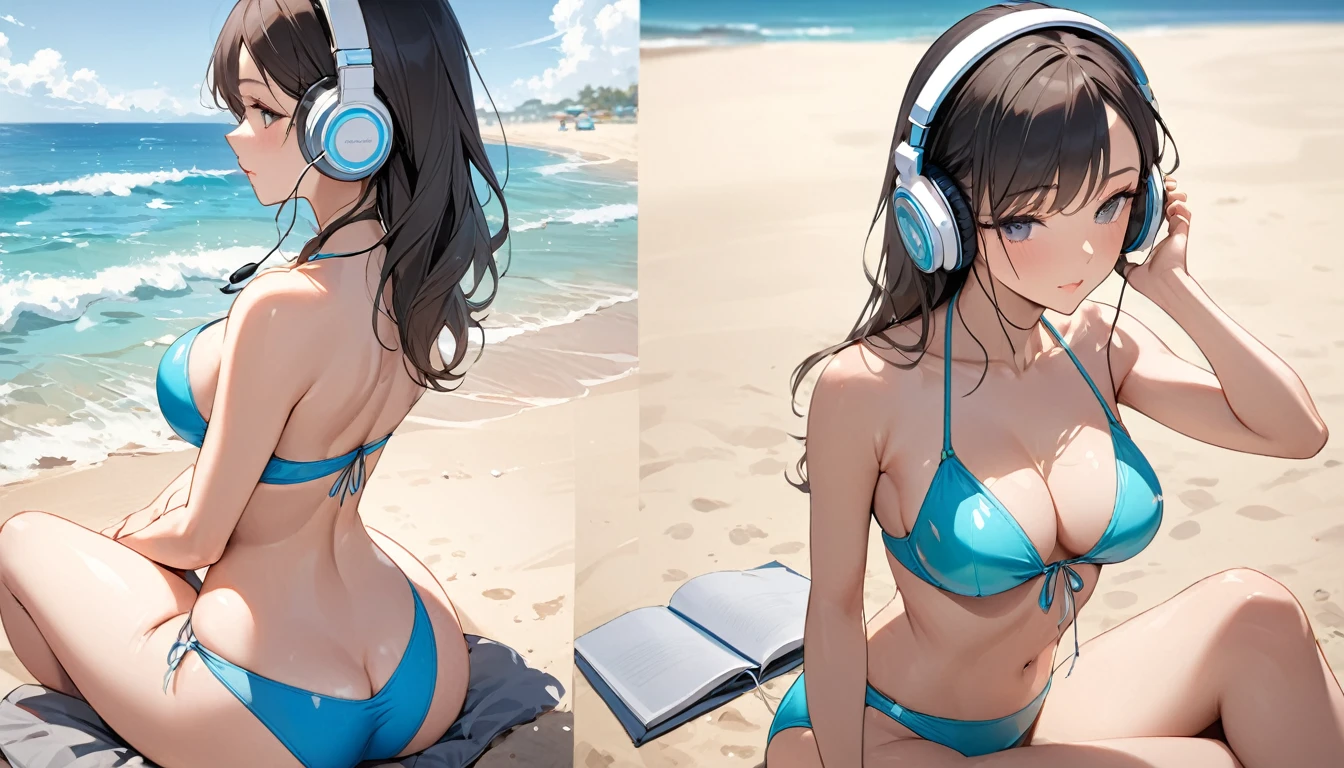 ((Top Quality)), ((Masterpiece)), ((Details)), perfect face, perfect body, sitting on the beach, listening to music, wearing headphones, wearing swimsuit, swimsuit transparent, tight with buttocks and breasts exposed Woman with clothes on and face visible