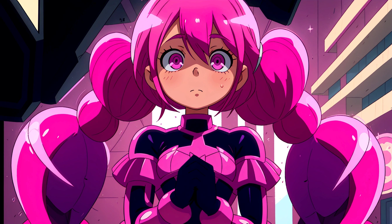 a close up of a person with pink hair and a purple outfit, anime girl named lucy, humanoid pink female squid girl, pink iconic character, shining pink armor, juri misaki, pink twintail hair and cyan eyes, misato katsuragi, black magician girl, streamlined pink armor, with pink hair