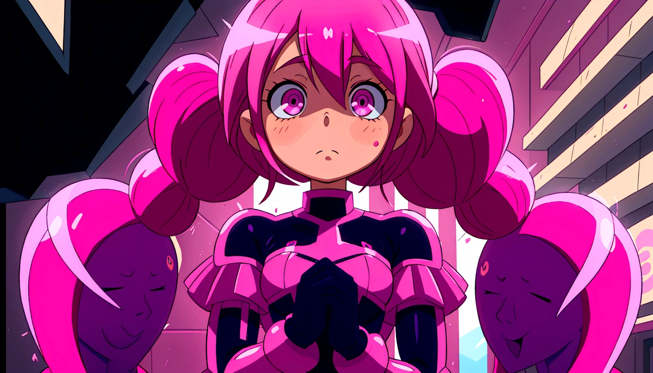 a close up of a person with pink hair and a purple outfit, anime girl named lucy, humanoid pink female squid girl, pink iconic character, shining pink armor, juri misaki, pink twintail hair and cyan eyes, misato katsuragi, black magician girl, streamlined pink armor, with pink hair