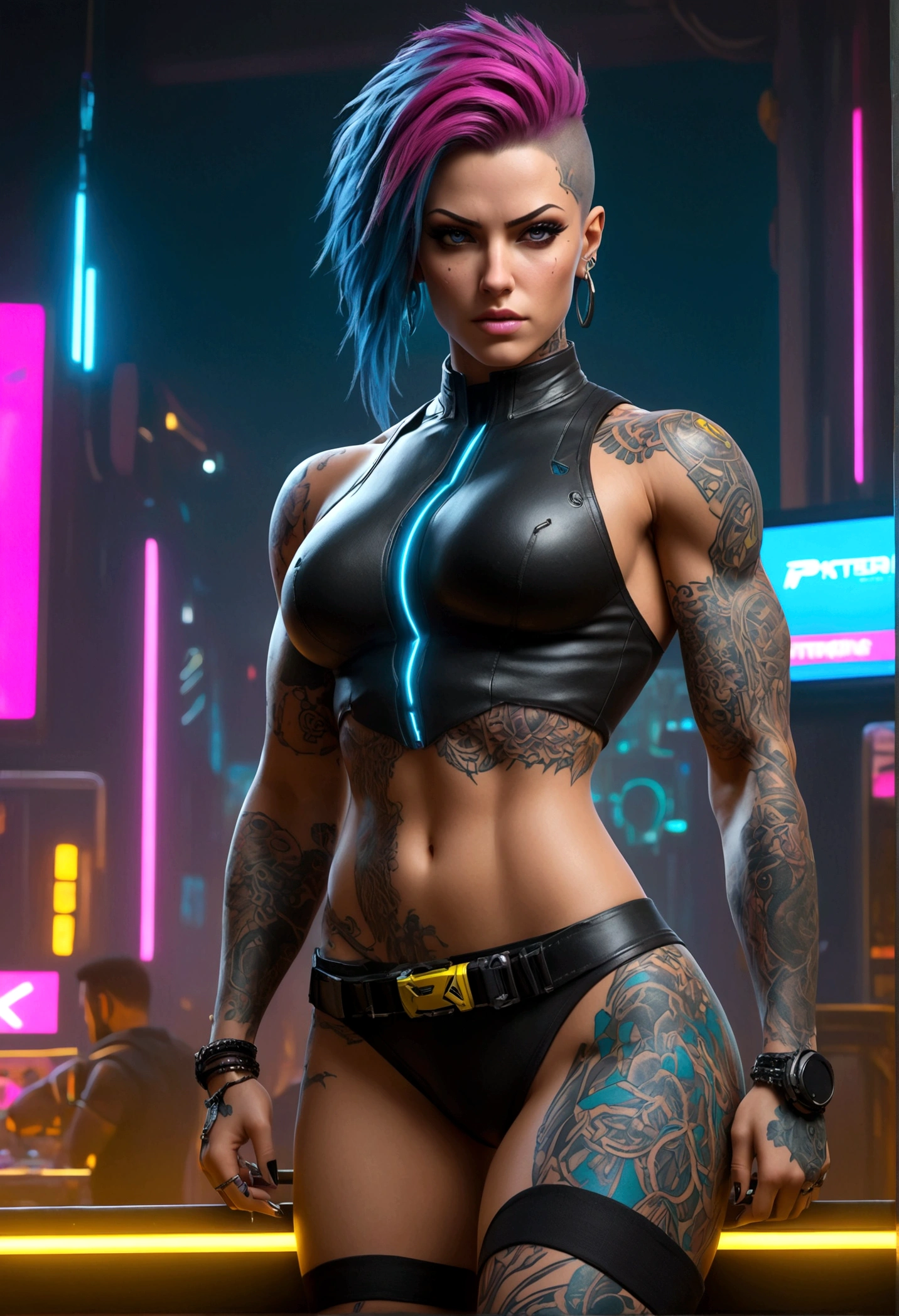 Create a hyper detailed photograph of a sexy, muscular tattooed young woman cyberpunk 2077 v, Incredibly perfect and beautiful face, perfect make up, detailed vibrant eyes, wide, big beautiful muscular legs, big beautiful muscular arms, Large back muscles, realistic torso, muscular abs, detailed smooth skin, big chest, big muscular ass, sexy lace thong, hard perky little nipples,