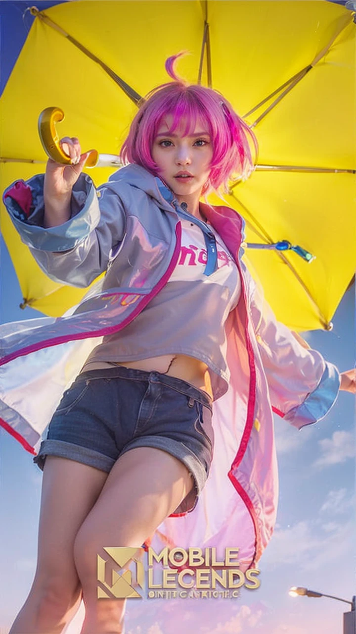 ((Top Quality, 8k, Masterpiece: 1.3)), Beauty, 1 Girl, pretty girl, blush, lovely smile, holding an yellow umbrella, short pink hair, Hoodie, dynamic colours, dynamic lighting