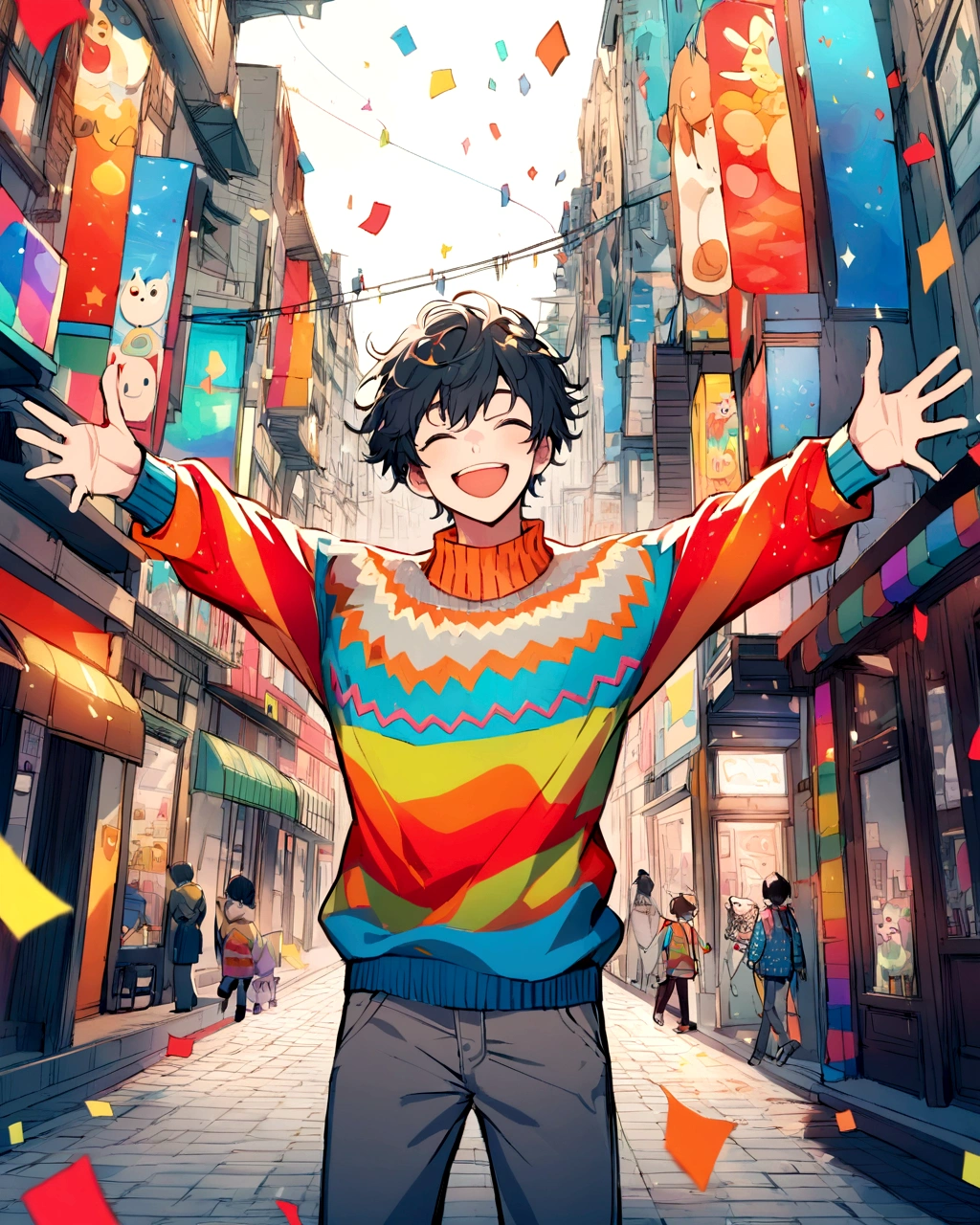 Create a vibrant anime-style illustration of a young boy standing joyously in the middle of a busy urban street. He is wearing a colorful sweater with a mix of cartoon characters and patterns. The sweater has a lively palette of blues, reds, yellows, oranges, and whites. His hair is dark and slightly tousled, and he is smiling widely with his arms raised high in celebration. The background features tall buildings in muted gray tones, creating a contrast with his bright sweater. Confetti in various colors is falling around, enhancing the festive and energetic atmosphere. The overall mood is cheerful and lively, with a focus on the colorful elements and the boy's expressive joy