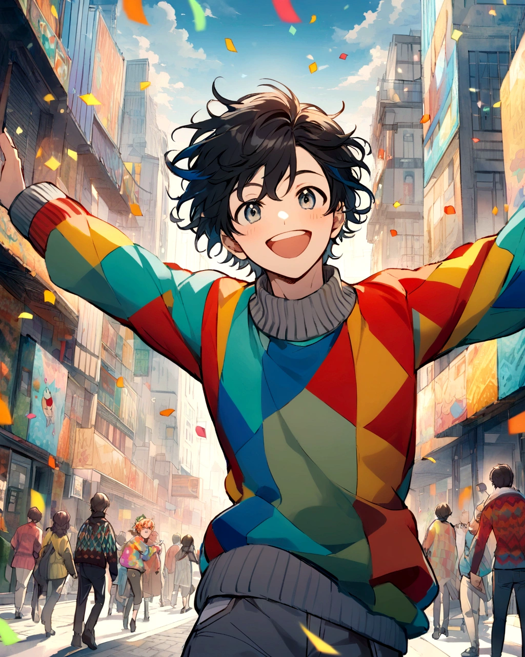 Create a vibrant anime-style illustration of a young boy standing joyously in the middle of a busy urban street. He is wearing a colorful sweater with a mix of cartoon characters and patterns. The sweater has a lively palette of blues, reds, yellows, oranges, and whites. His hair is dark and slightly tousled, and he is smiling widely with his arms raised high in celebration. The background features tall buildings in muted gray tones, creating a contrast with his bright sweater. Confetti in various colors is falling around, enhancing the festive and energetic atmosphere. The overall mood is cheerful and lively, with a focus on the colorful elements and the boy's expressive joy