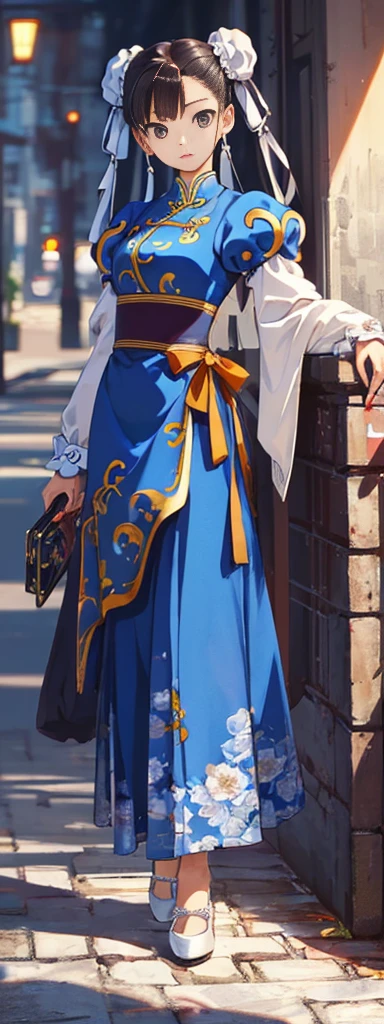 chun-li,((masterpiece)), ((best quality)), ((ultra detailed)), ((kawaii)), cute, (lovely), ((extremely detailed)), ((8K)), (beautiful),flat breast, tiny breast,full body