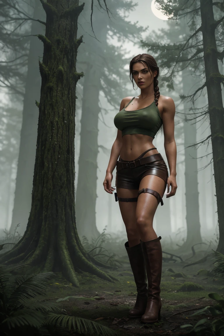 full body side view beauty sensual, sexy, bombshell, lara croft, long brown braided hair, brown eyes, high arched eyebrows, long, graceful neck, red lips, big breast, tight brown leather shorts, pale green sleeveless torn t-shirt, leather boots, abandoned standing in the garden of an ancient castle overgrown with plants, reaching out to the moon realistic, photorealistic, photorealistic, horror atmosphere, dark and gloomy atmosphere, with dramatic lighting, Foggy environment, Mossy trees, detailed facial expressions, Scary fog
