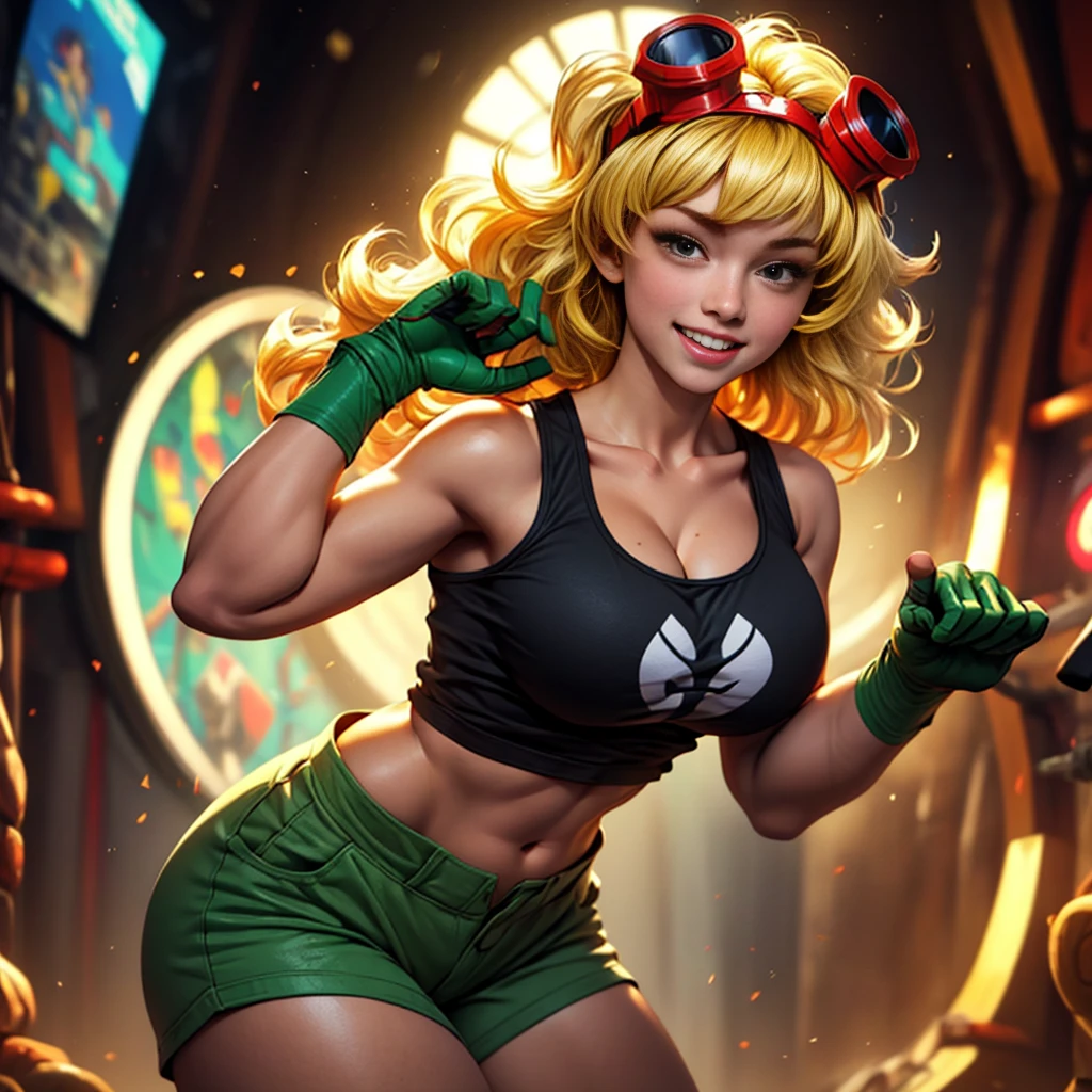 solar flare (plants vs zombies heroes)、(Correct Anatomy:1.5)、Ideal proportions_Big Breasts_Six Pack_Big Butt_Healthy tanned skin_Thick, flowing blonde hair_Red goggles on head_Green gloves ‗ Green supporters_Black navel-baring tank top_Green shorts_Very beautiful and sexy young girl、smile、Squat with legs spread wide、Raise your hands to show your armpits、