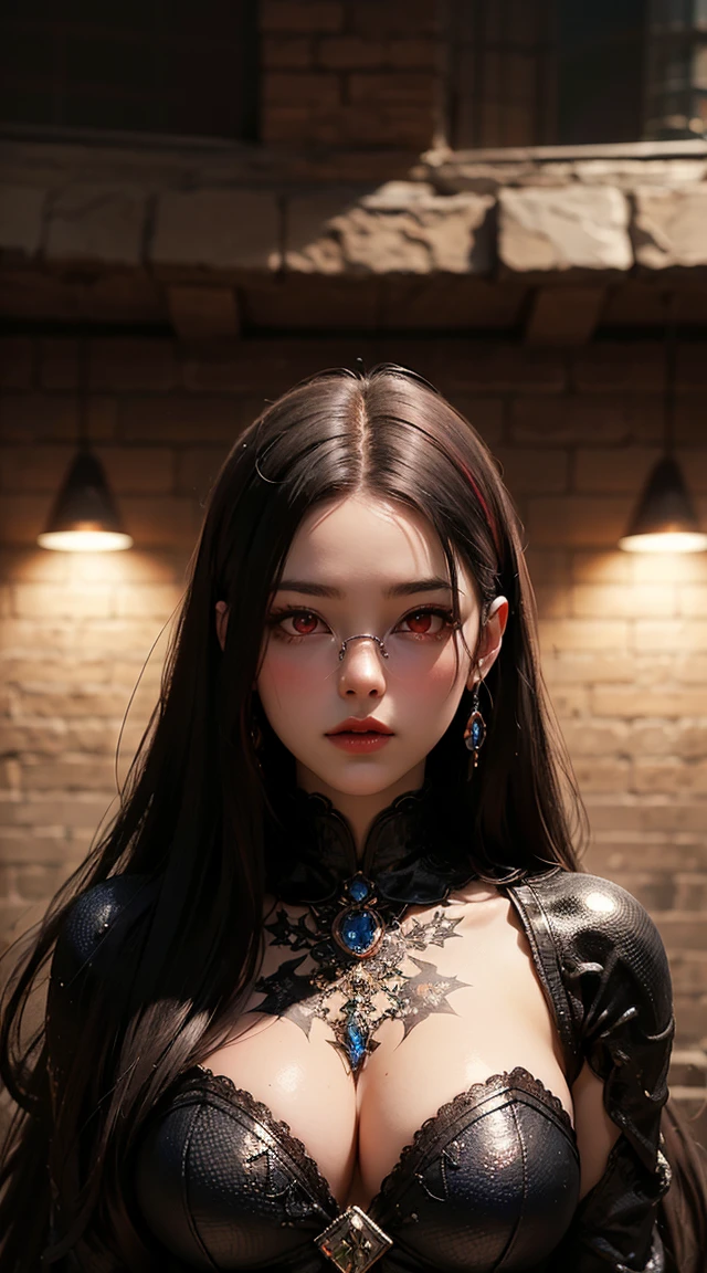 1 person 27 years old woman, Understood、(best illustrations)、8K UHD resolution、intricate details、最high quality、realistic、Super detailed、best lighting、best shadow、soft lighting、ultra HD、Dungeon and Dragon、cave、Dungeon、 necromancer、night、dark style、Succubus、devil'Daughter of、bat wings,(((Demon Horn Rack Rim Round Glasses))))、(((big breasts)))、(devil'tail)、(red eyes shine:1.6)、masterpiece、beautiful features、Tyndall effect、realisticphotograph、(high detail skin:1.2)、8 KUHD、Digital single-lens reflex camera、high quality、photograph、High resolution、 absurdes、Ponytail distortion、Optimal ratio of 4 fingers and 1 thumb、1 girl、hair ornaments、A necklace of bright red gems、gem、beautiful expression、body up、big breasts emphasis、tight waist、wide ass、Tyndall effect、Photoreal、(high detail skin:1.2)、dark and mysterious version, lipstick red lips, thin and beautiful lips, Don'Don'don't laugh, please keep your mouth shut, Characters created by Karol Baku and Pino Denis, intricate details, detailed background, very detailed, magic of light, woman, cute face, ((((giant glasses, otaku glasses, thick glasses, round glasses))))、 looking at the Upper body of the goddess , round chest, big and round chest, phoenix hair brooch, long hair with bangs, (Long hair has seven colors like a rainbow:1.9), Beautifully detailed face and well-proportioned eyes, (crystal clear red eyes: 1.8), Big round eyes and very beautiful and detailed makeup, Visionary, long silk nightgowns, mysterious makeup, Response, I dyed the side bangs light yellow..., Upper body, (goddess Upper body: 1.8), hanging arms, Realistic and vivid photograph, (stars that make up : 1.7), ( Space-time portal of sky and imagination: 1.8), fiction art, RAWphotograph,Photograph of a black kimono, The best photograph , expensive_response, 最high quality, The best photograph, 8K quality, 8k ultra , Surrealism, The most economical authentic photograph, Artistic portrait of 12 signs, Symbol of one of the 12 signs on the reverse